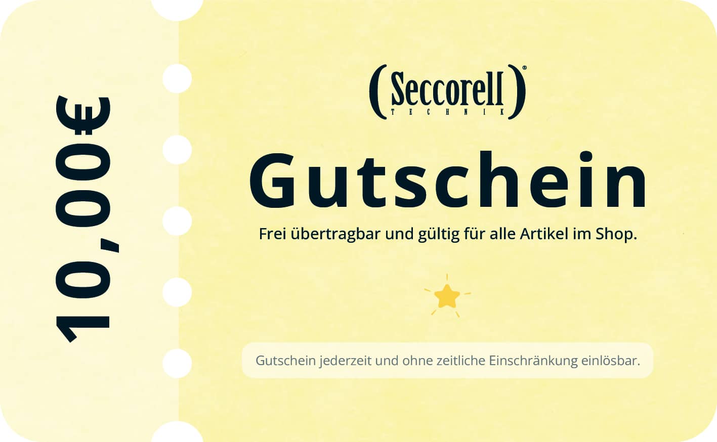 Digitaler Seccorell-Gutschein im Wert von 10 €, flexibel einlösbar für alle Produkte im Shop – ohne zeitliche Begrenzung.