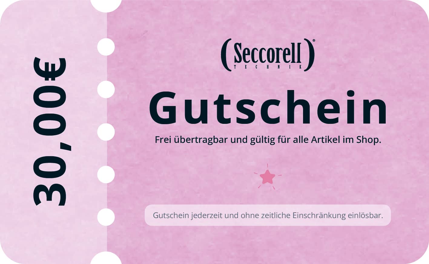 Seccorell-Gutschein im Wert von 30 €, digital erhältlich, ohne zeitliche Begrenzung für alle Artikel im Shop einlösbar.
