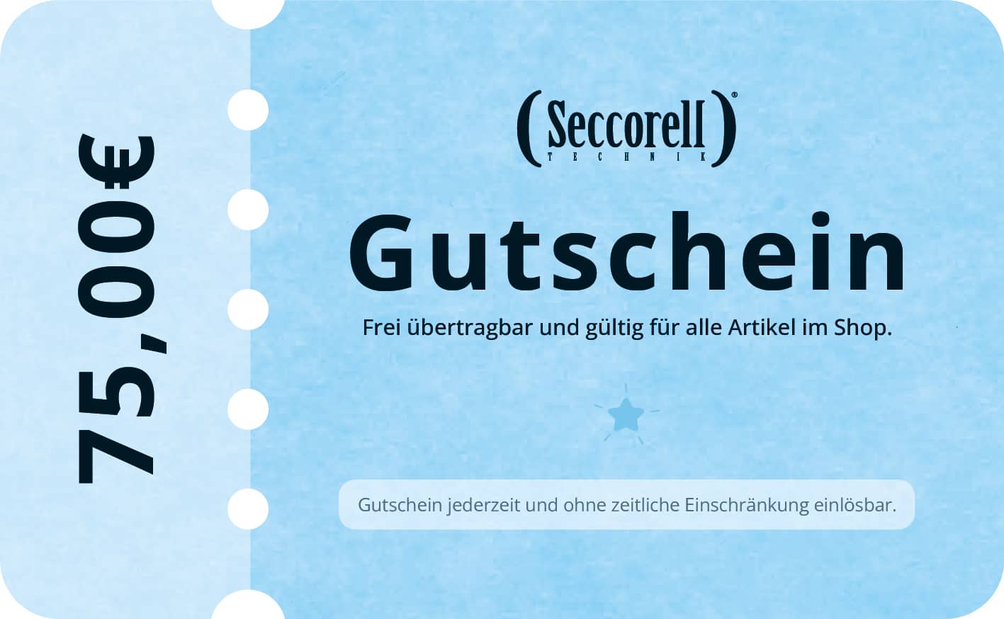 Seccorell-Gutschein im Wert von 75 €, digital erhältlich, frei übertragbar und jederzeit im Shop einlösbar.