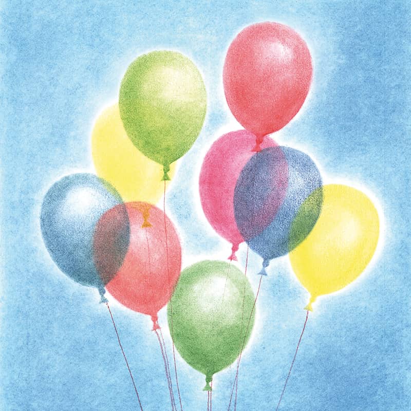 Anleitung zum Schablonieren von Ballonen: Schablone platzieren, Farbe einmassieren, Himmelblau um Ballone streuen, Schnüre einzeichnen, Glanzpunkte mit Radierer herausarbeiten.