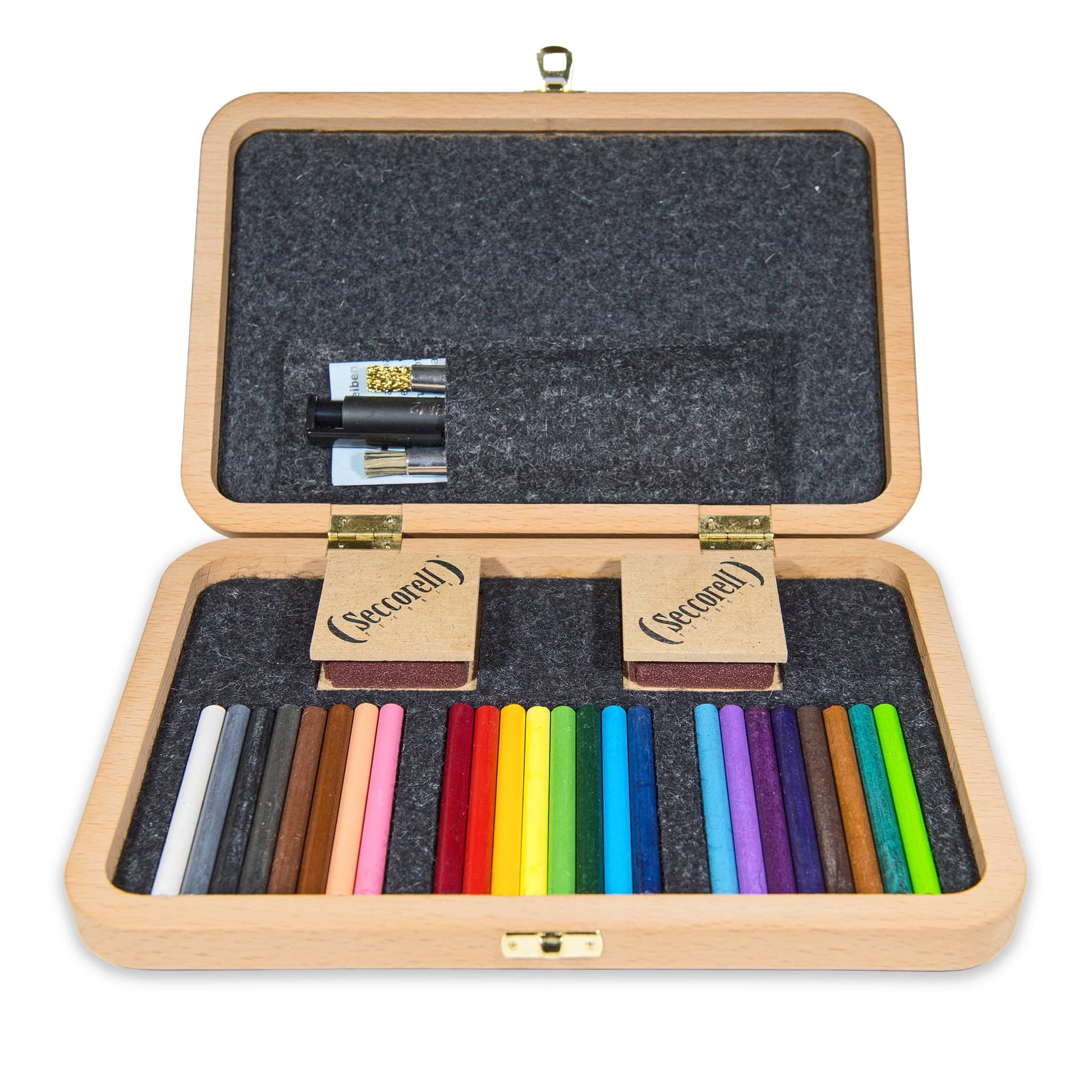 Seccorell Atelier large box open - 24 paint sticks, rubbing blocks, felt pouches and cleaning brushes neatly arranged in a felt insert made of 100% wool felt.