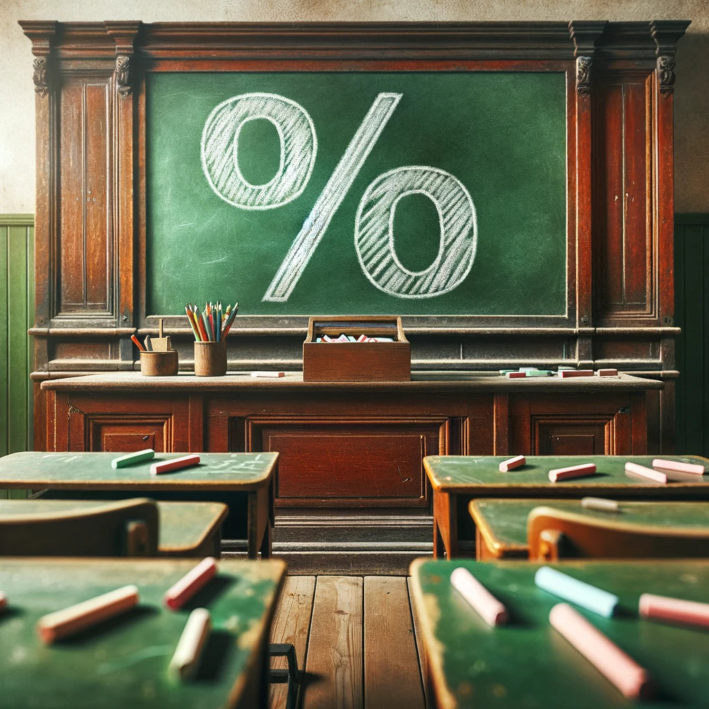 Klassenzimmer mit Prozentsymbol auf Tafel, Seccorell Rabattaktion für Bildungseinrichtungen.