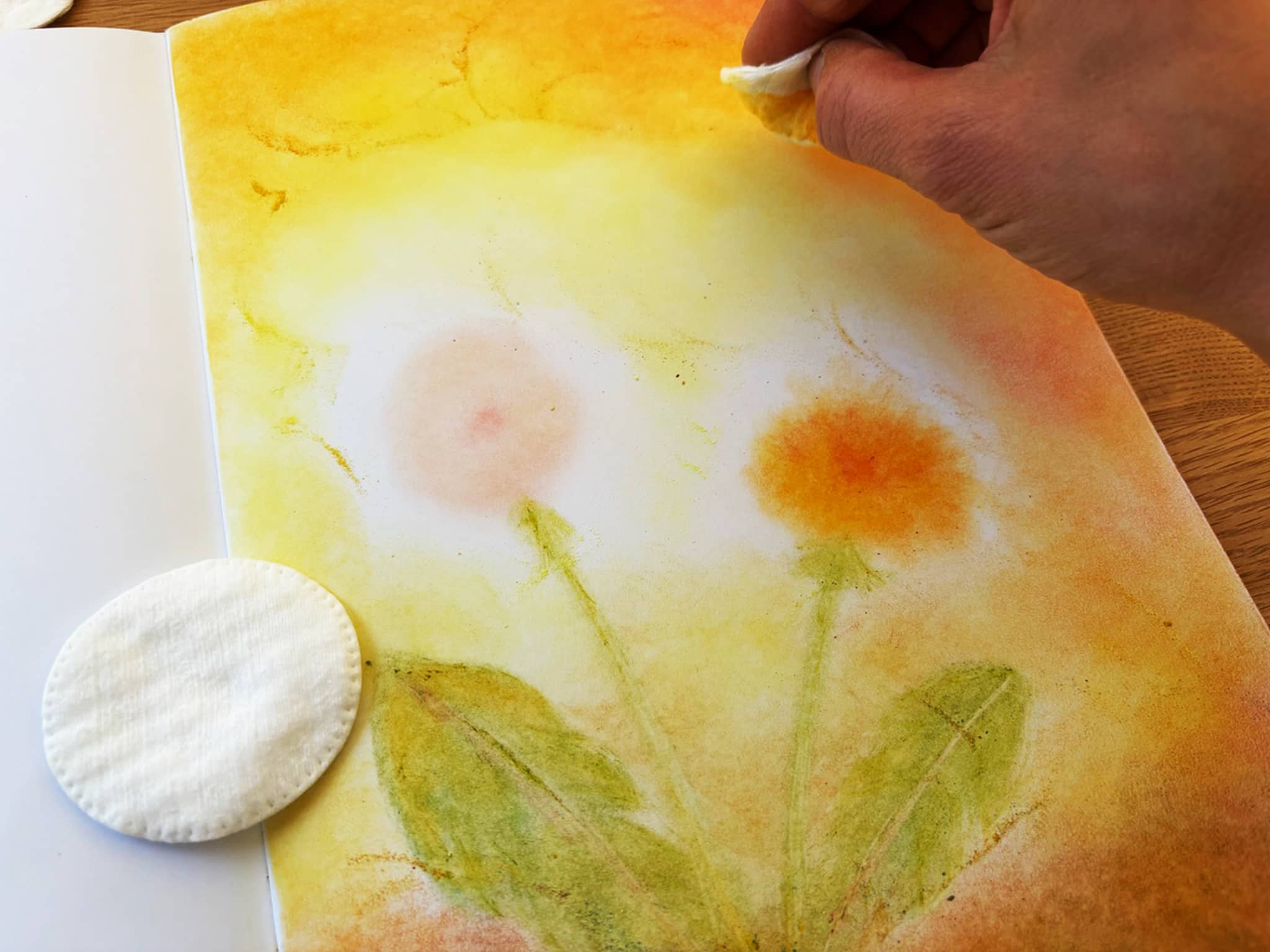 Seccorell colors are gently smudged with a cotton pad - the warm background underlines the botany drawing in the epoch booklet.