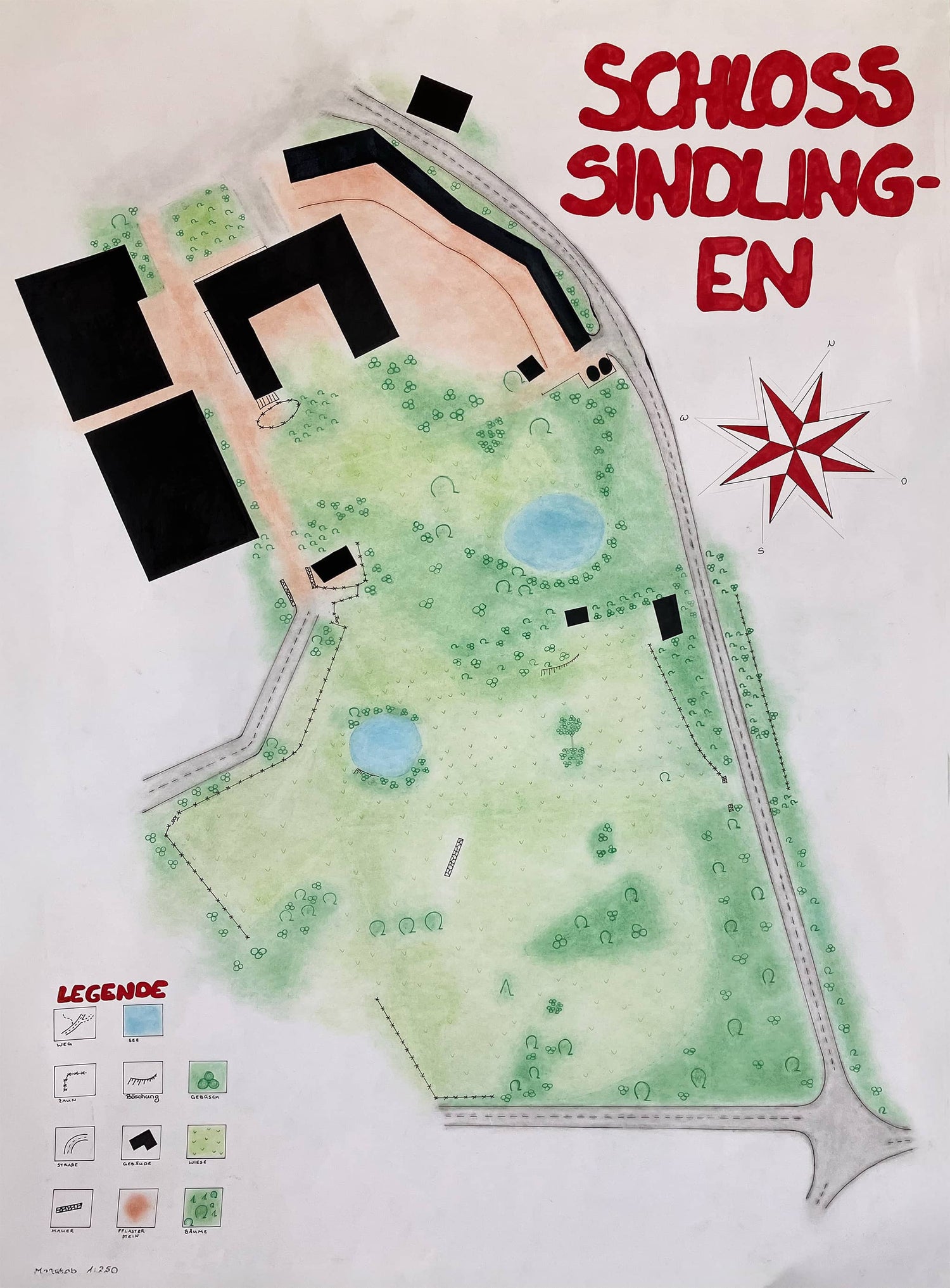 Hand-drawn site plan of Sindlingen Castle with legend, created as part of the Seccorell field measurement practical course
