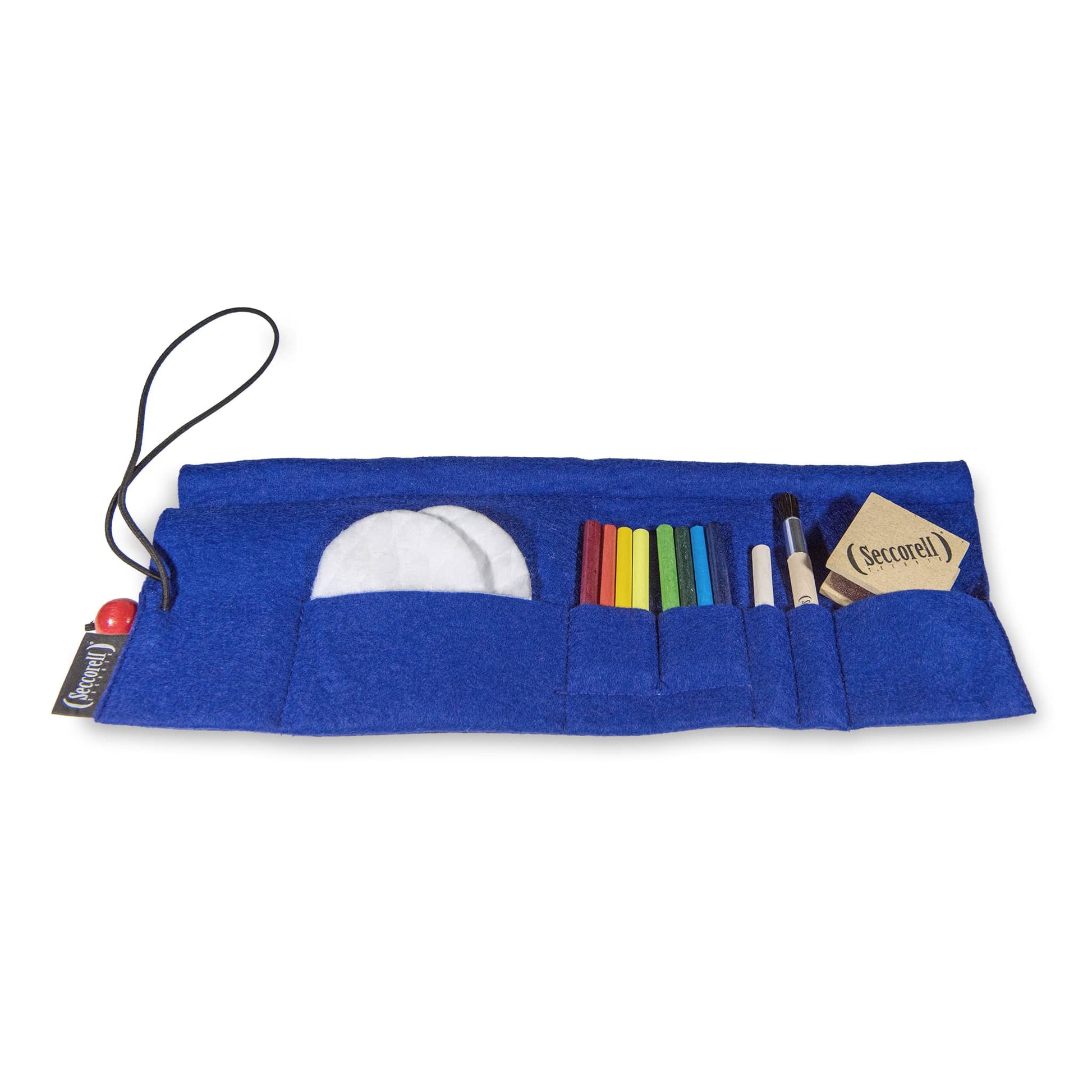 Seccorell felt roll bag opened - contains 8 paint sticks, rubbing block, cleaning brush and eraser, safely stowed in wool felt.