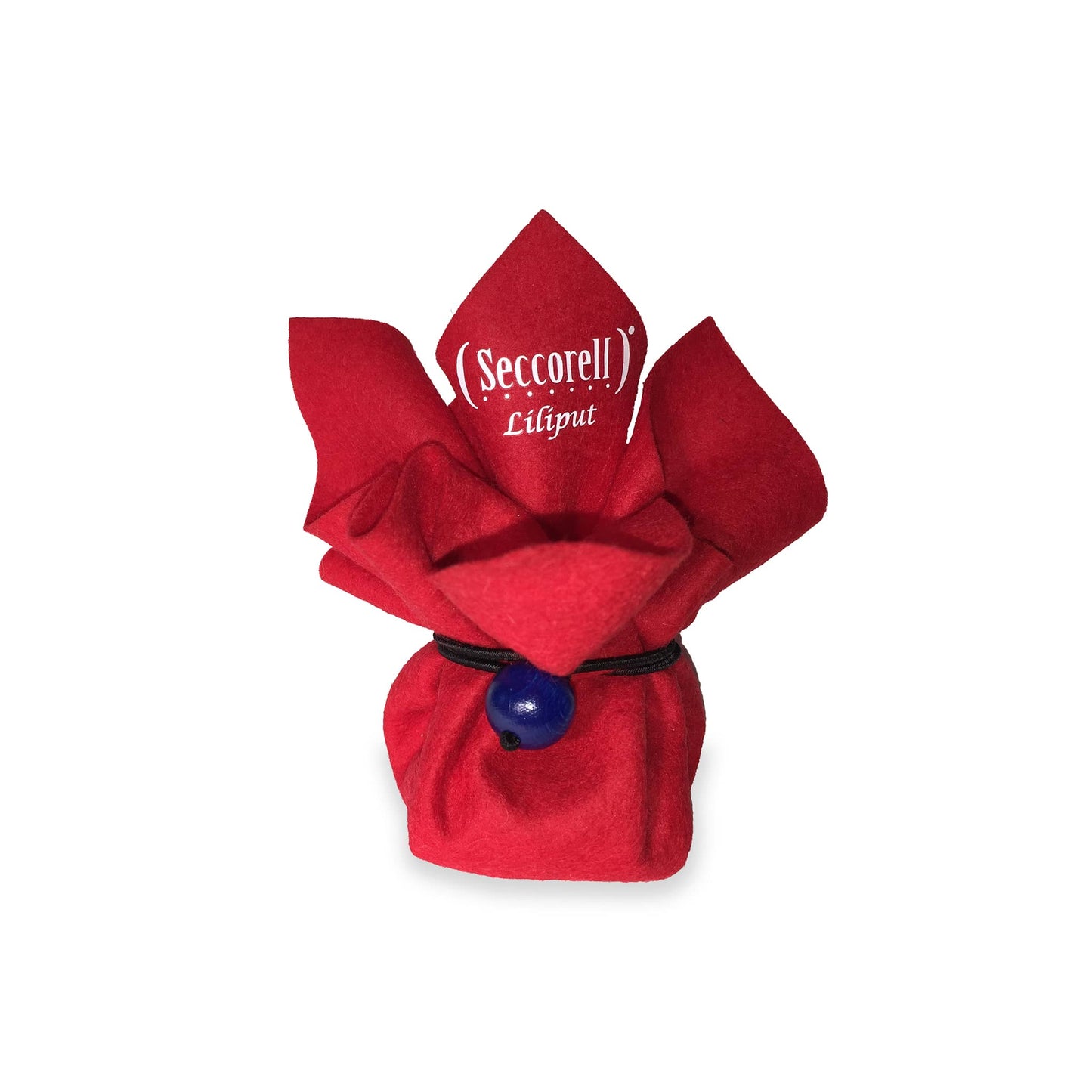 Seccorell Liliput "Kaminfeuer" - small red wool felt bag, handmade from 100% wool felt, closable with elastic cord and wooden bead