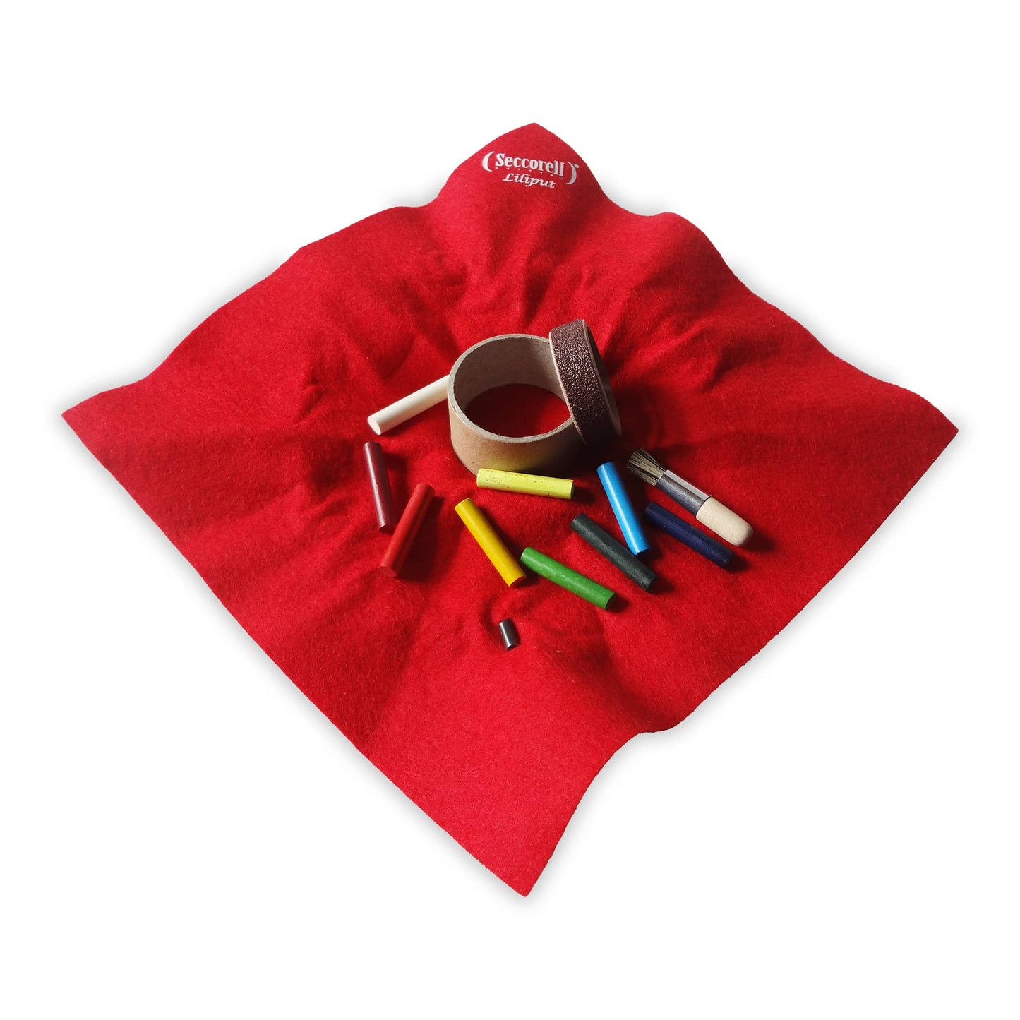 Seccorell Liliput "Chimney Fire" open - contains 8 small paint sticks, rubbing ring, cleaning brush and eraser pen, perfect for creative projects and as a gift.