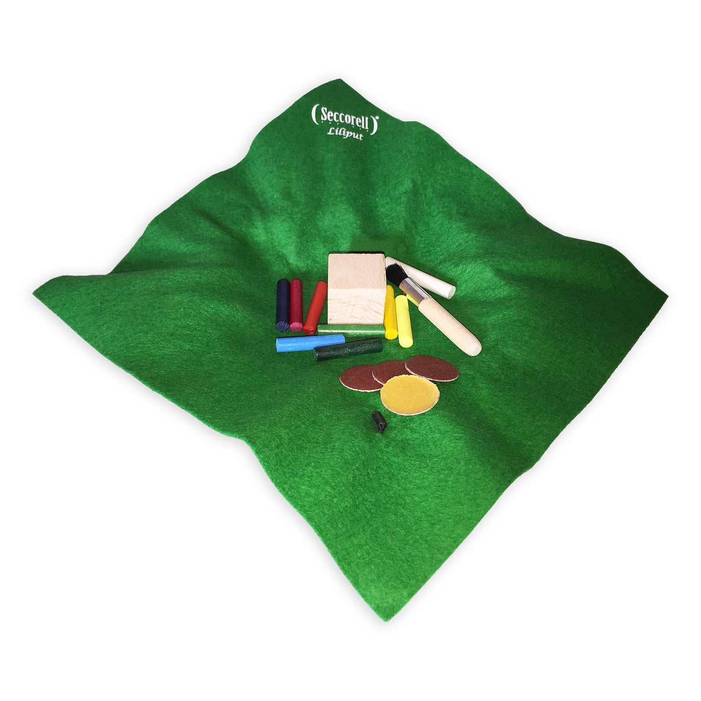 Seccorell Liliput „Wiesengrün“ geöffnet – enthält 8 kleine Farbstäbchen, Reibering, Reinigungsbürstchen und Radierstift, perfekt zum Ausprobieren und Verschenken.
