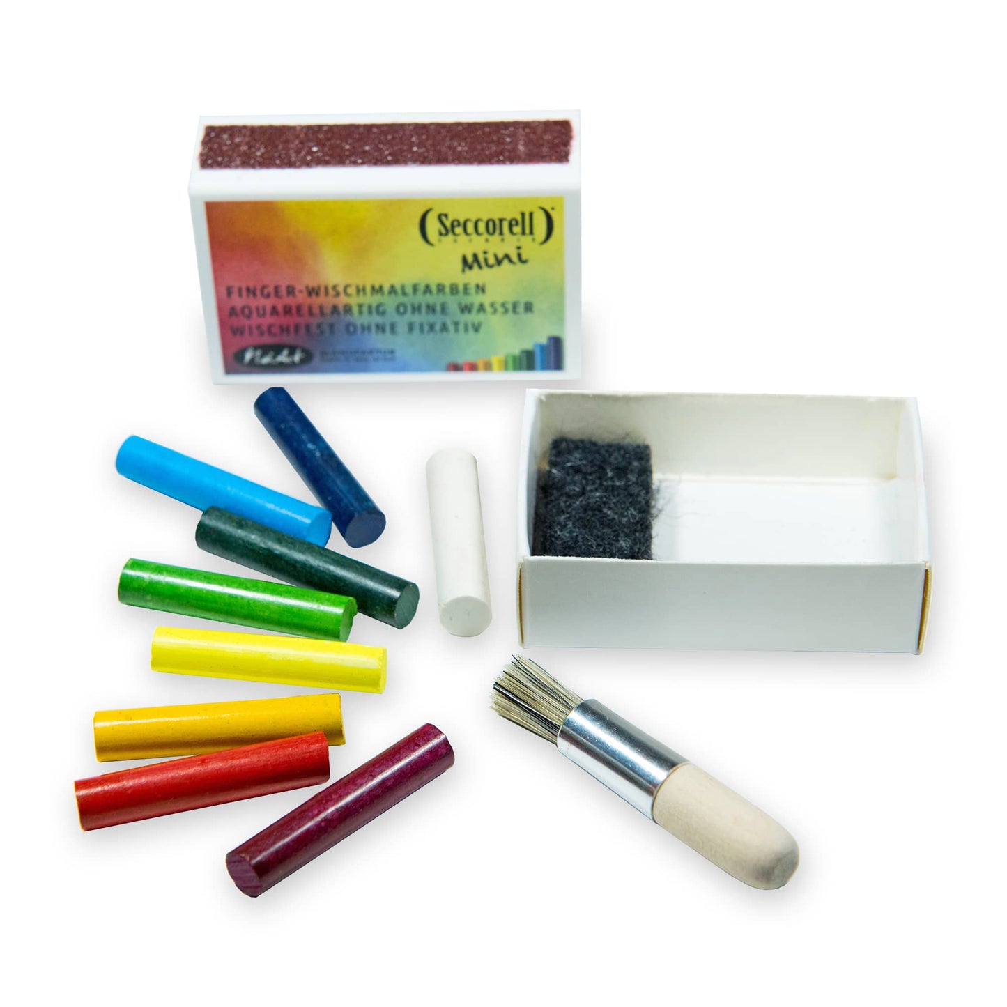Inhalt der Seccorell Mini – Farbstäbchen, Reibefläche, Reinigungsbürste und Radierstift, ideal für kleine kreative Projekte