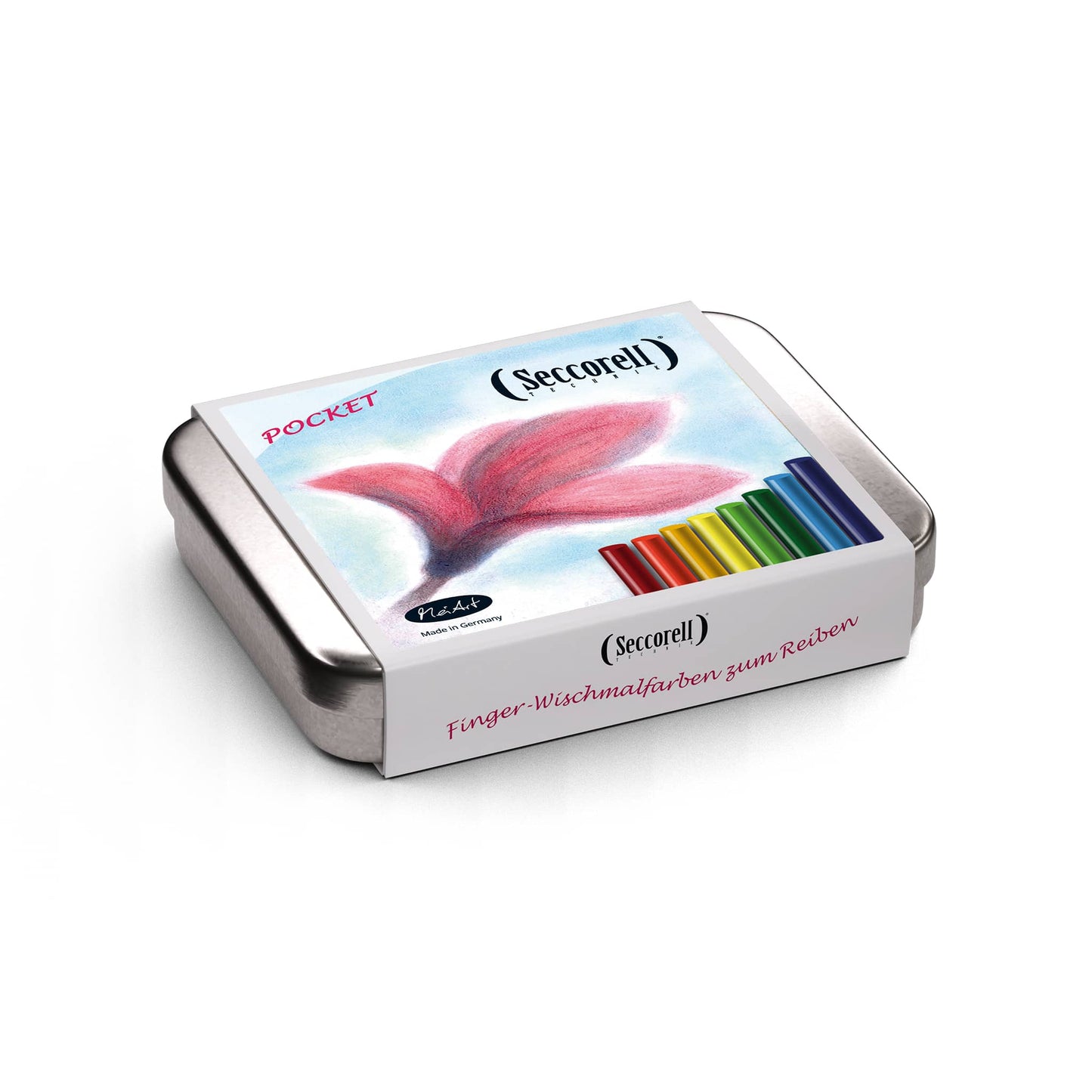 Seccorell Pocket „Magnolienblüte“ – kompakte Metalldose mit Banderole, enthält ein Finger-Wischmalfarben-Set, ideal für unterwegs