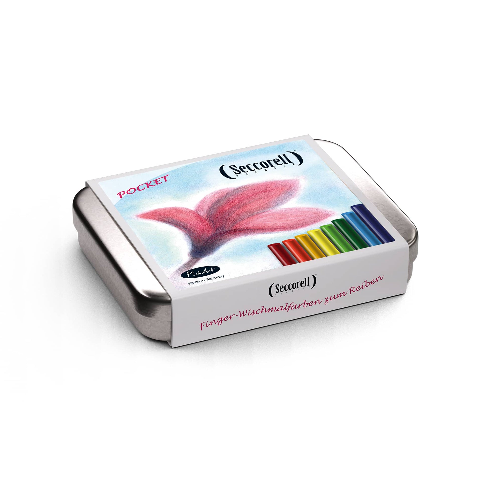 Seccorell Pocket „Magnolienblüte“ – kompakte Metalldose mit Banderole, enthält ein Finger-Wischmalfarben-Set, ideal für unterwegs