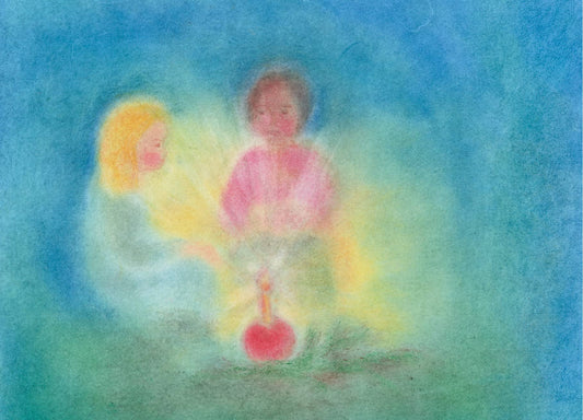 Zwei Kinder, die gemeinsam eine Kerze entzünden, gestaltet in der Seccorell Finger-Wischmaltechnik auf der Postkarte „Adventslicht“ von Andrea Reiß.
