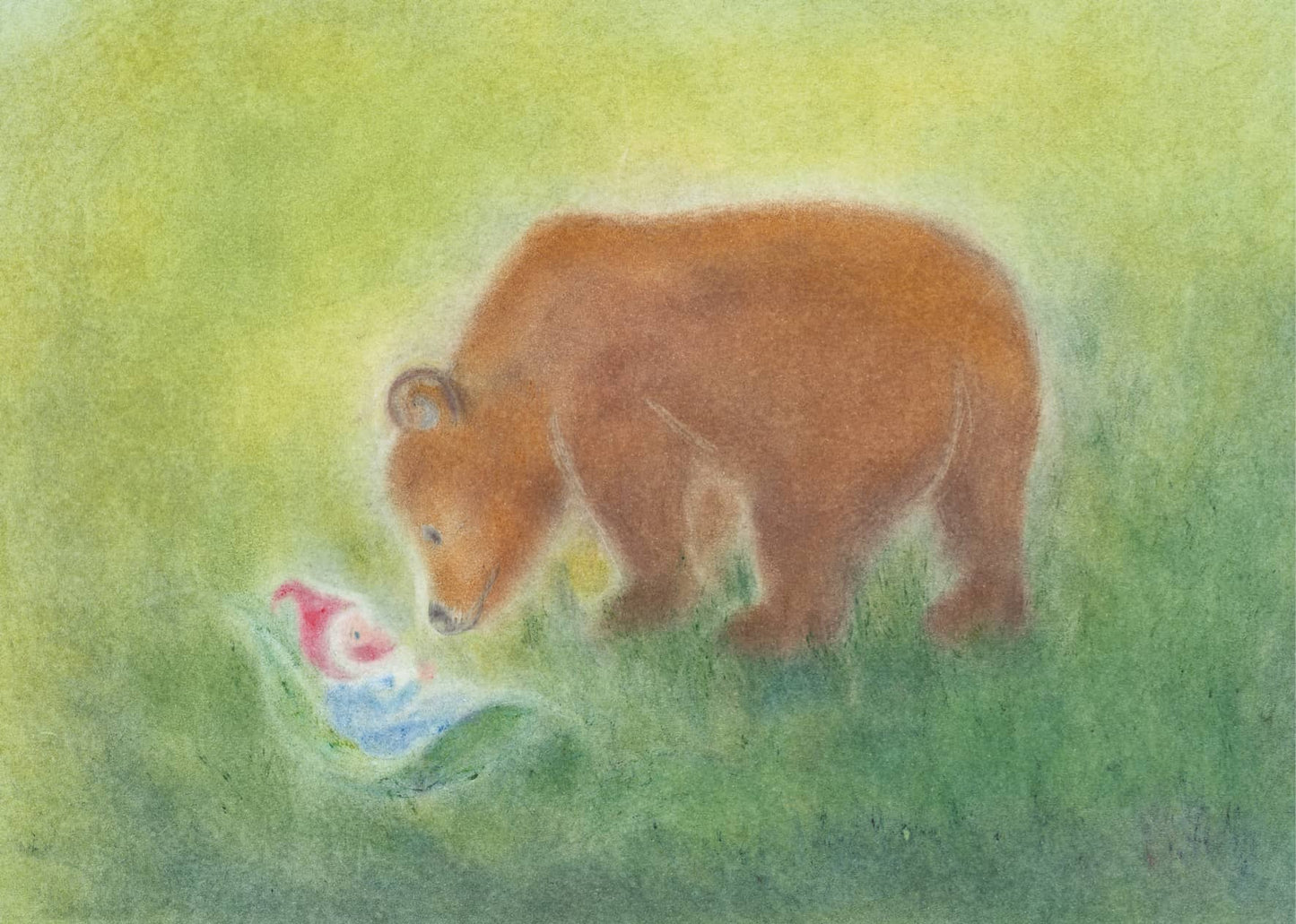 A bear and a little dwarf in peaceful nature, designed in the Seccorell finger-wipe painting technique on the postcard "Bärenliebe" by Andrea Reiß.
