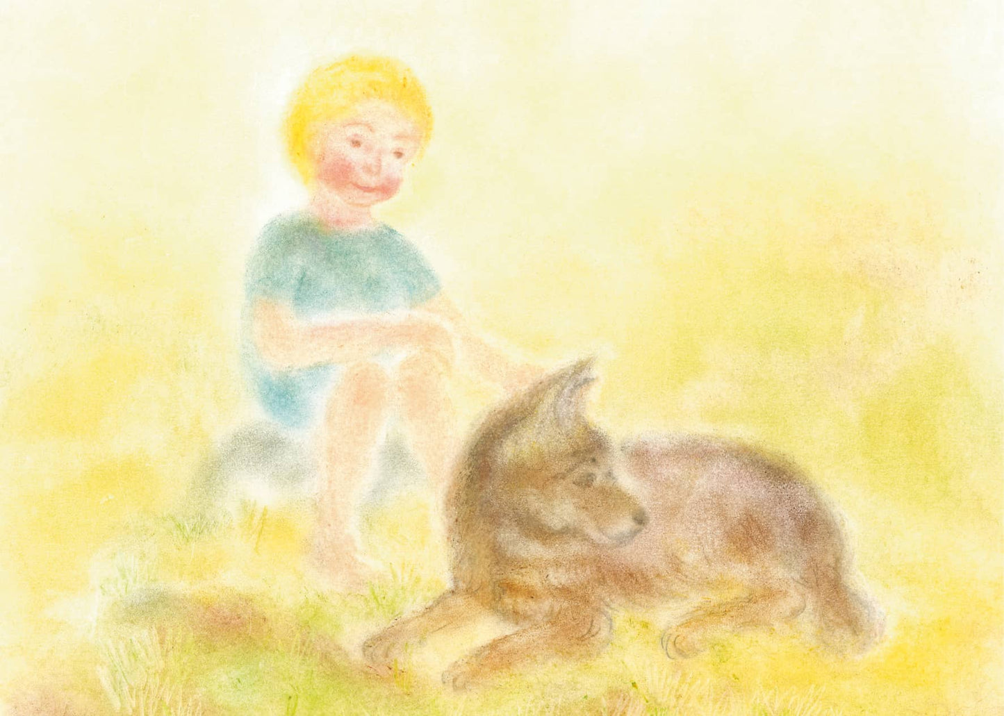 Child stroking dog, loving motif in soft colors, designed with the Seccorell technique.