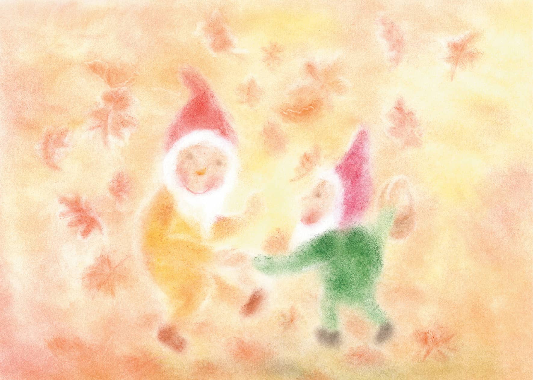 Seccorell postcard "Leaf Dance" with two dancing gnomes in the autumn leaves, designed by Andrea Reiß using the Seccorell technique.