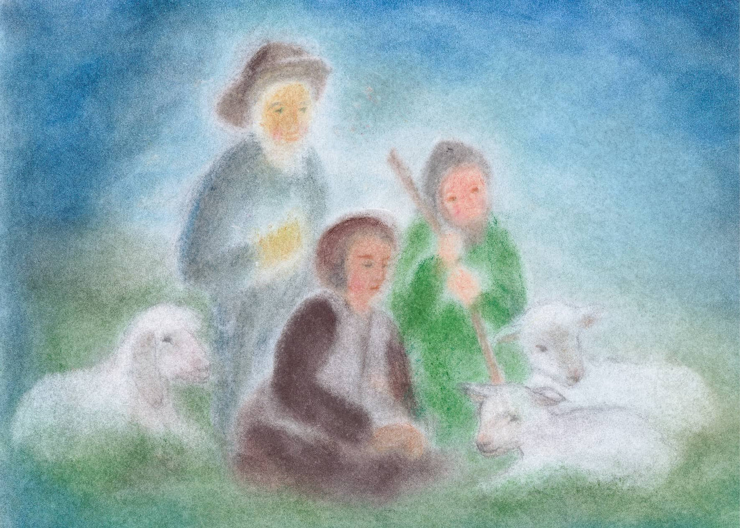 Drei Hirten mit Schafen in einer friedlichen Szene, gestaltet in der Seccorell Finger-Wischmaltechnik auf der Postkarte „Drei Hirten“ von Andrea Reiß.