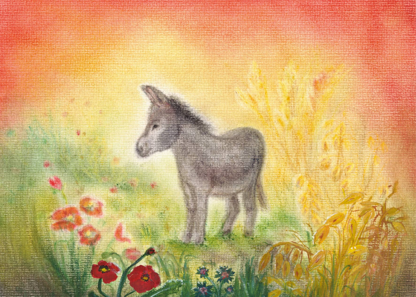 Esel in einer Wiesenlandschaft mit Kornähren und Wildblumen, gestaltet in der Seccorell Finger-Wischmaltechnik mit Aquarellakzenten auf der Postkarte „Esel“ von Andrea Reiß.