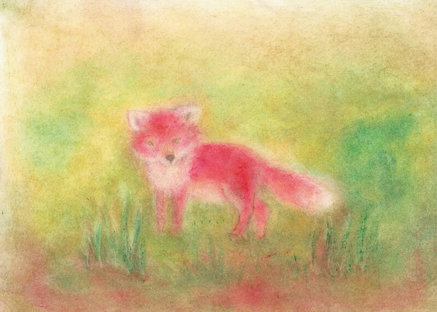 Seccorell postcard "Fox" by Andrea Reiß - Depiction of a red fox in soft green and earth tones of the natural environment, created in finger-wipe painting technique.