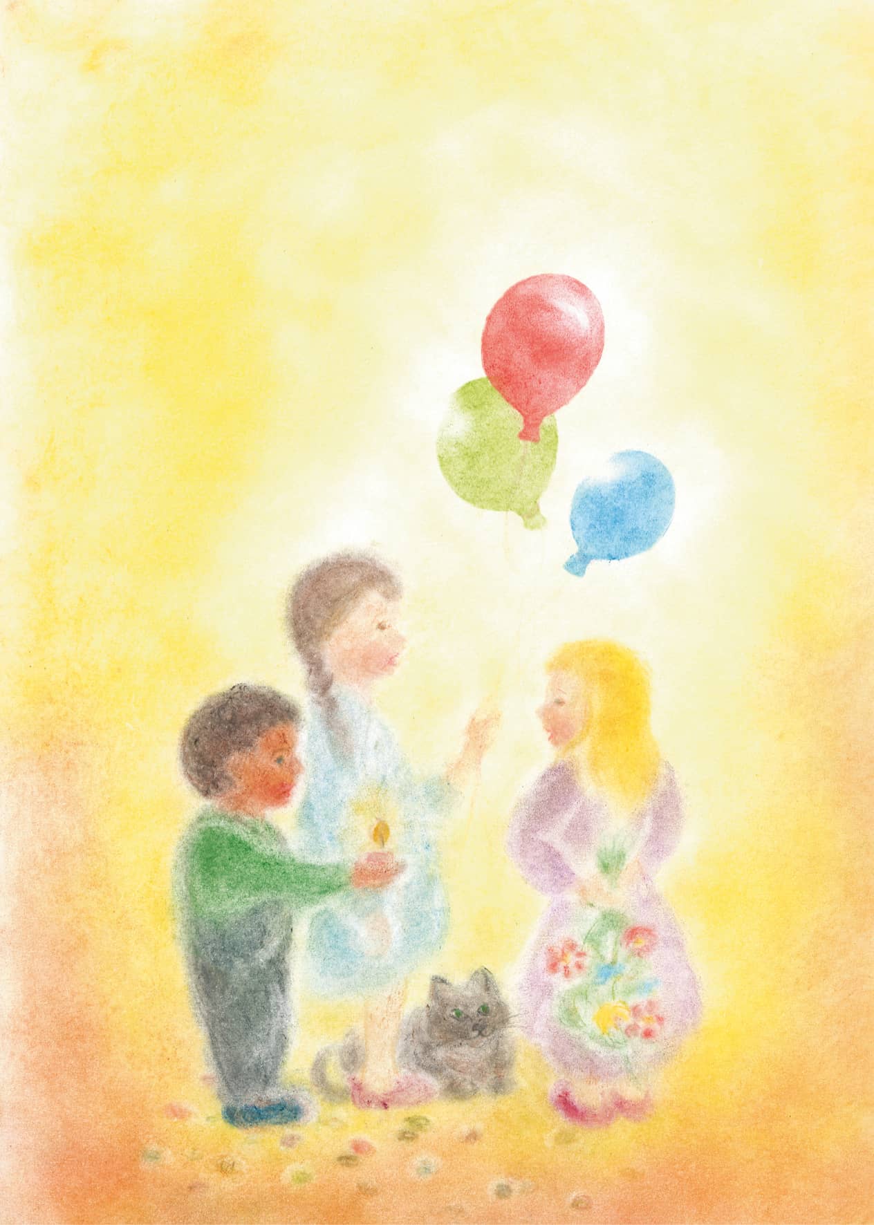 Seccorell postcard "Birthday" with three children, balloons and a kitten on a light background.