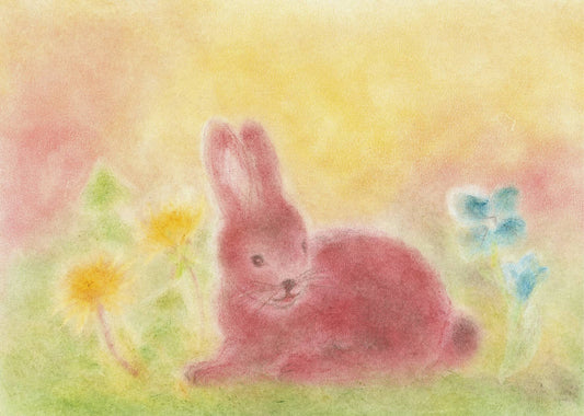Seccorell-Postkarte "Häslein" mit einem niedlichen Kaninchen umgeben von Frühlingsblumen.