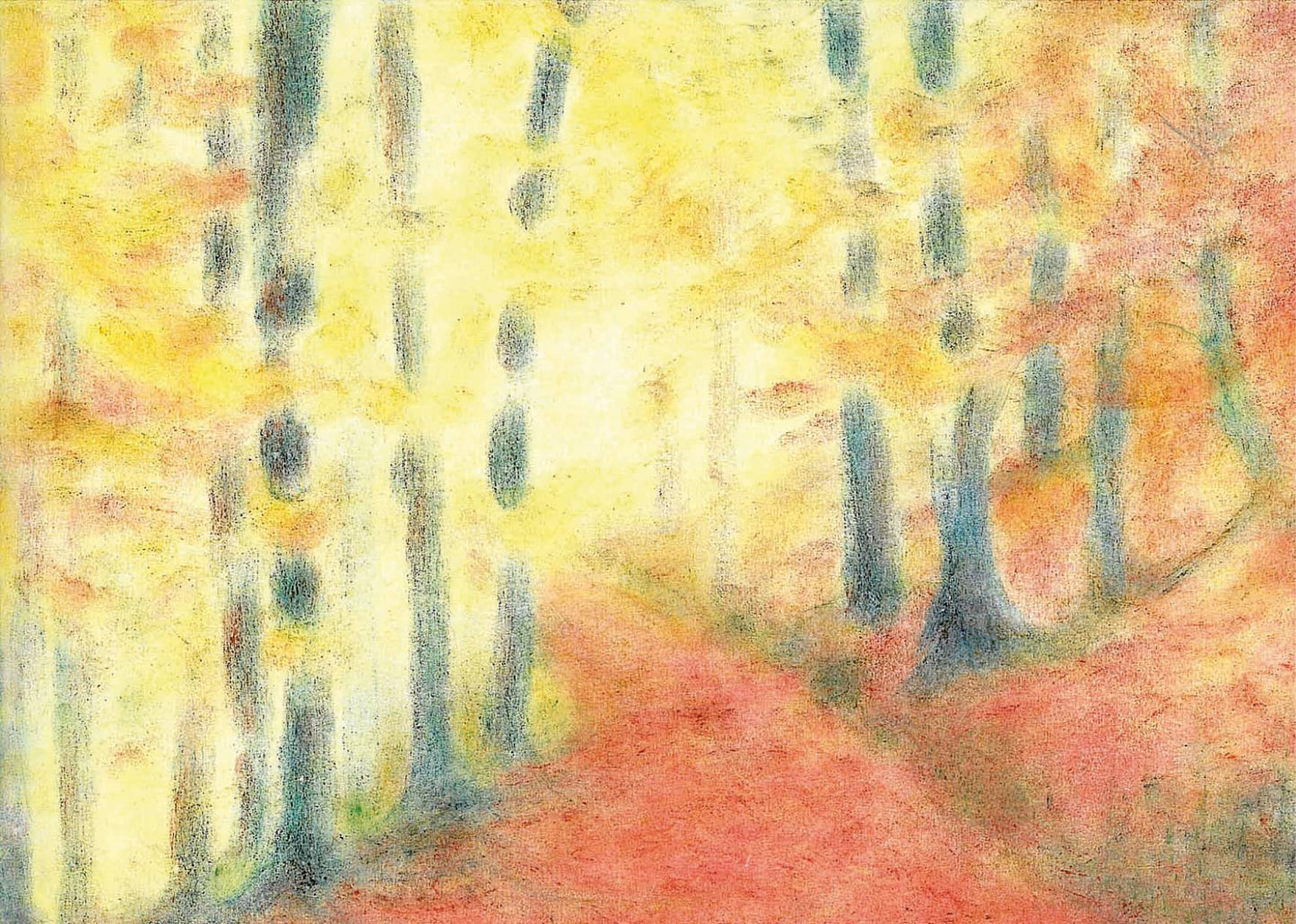 Seccorell postcard "Autumn Forest" with autumnal forest picture in warm yellow and orange tones, designed in finger-wipe painting technique by Anna Ohno.