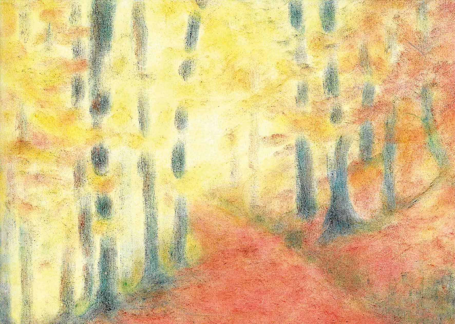 Seccorell postcard "Autumn Forest" with autumnal forest picture in warm yellow and orange tones, designed in finger-wipe painting technique by Anna Ohno.