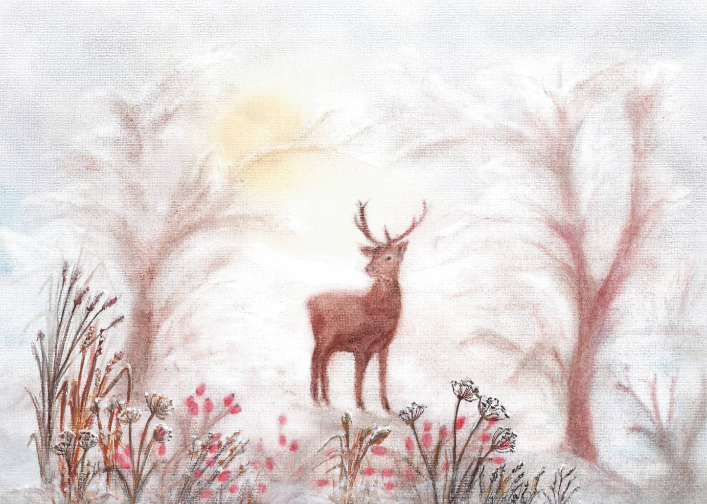 Hirsch in winterlicher Landschaft, umgeben von Bäumen und Pflanzen, gestaltet in der Seccorell Finger-Wischmaltechnik mit Aquarellakzenten auf der Postkarte „Hirsch“ von Andrea Reiß.