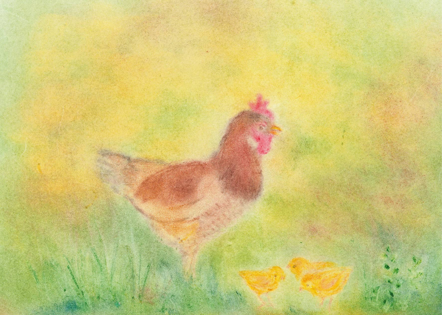 Huhn mit Küken auf einer grünen Wiese, gestaltet in der Seccorell Finger-Wischmaltechnik auf der Postkarte „Huhn mit Küken“ von Andrea Reiß.