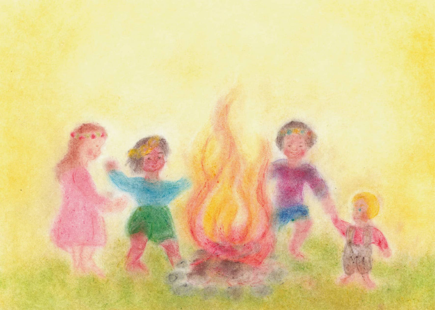 Kinder tanzen um ein Johannifeuer, gestaltet in der Seccorell Finger-Wischmaltechnik auf der Postkarte „Johanni“ von Andrea Reiß.