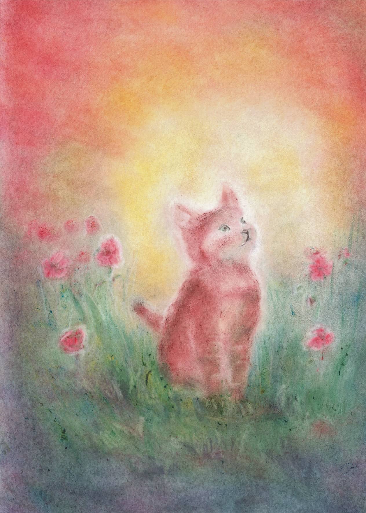 Kitten in a flower meadow in the sunset, designed in soft colors with the Seccorell finger-wipe technique on the postcard "Kitten" by Andrea Reiß.