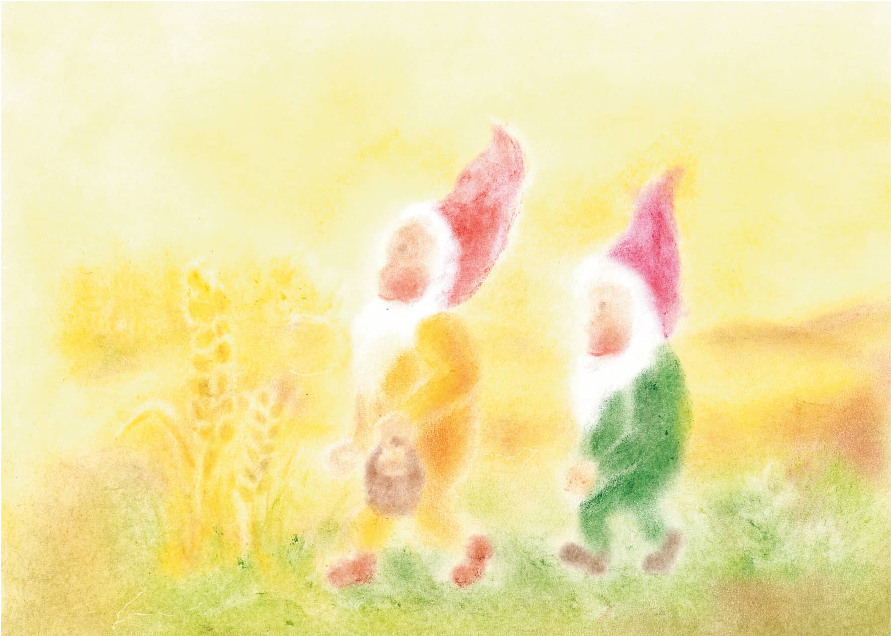 Dwarfs in a cornfield in warm shades of yellow and green, created using the Seccorell technique.
