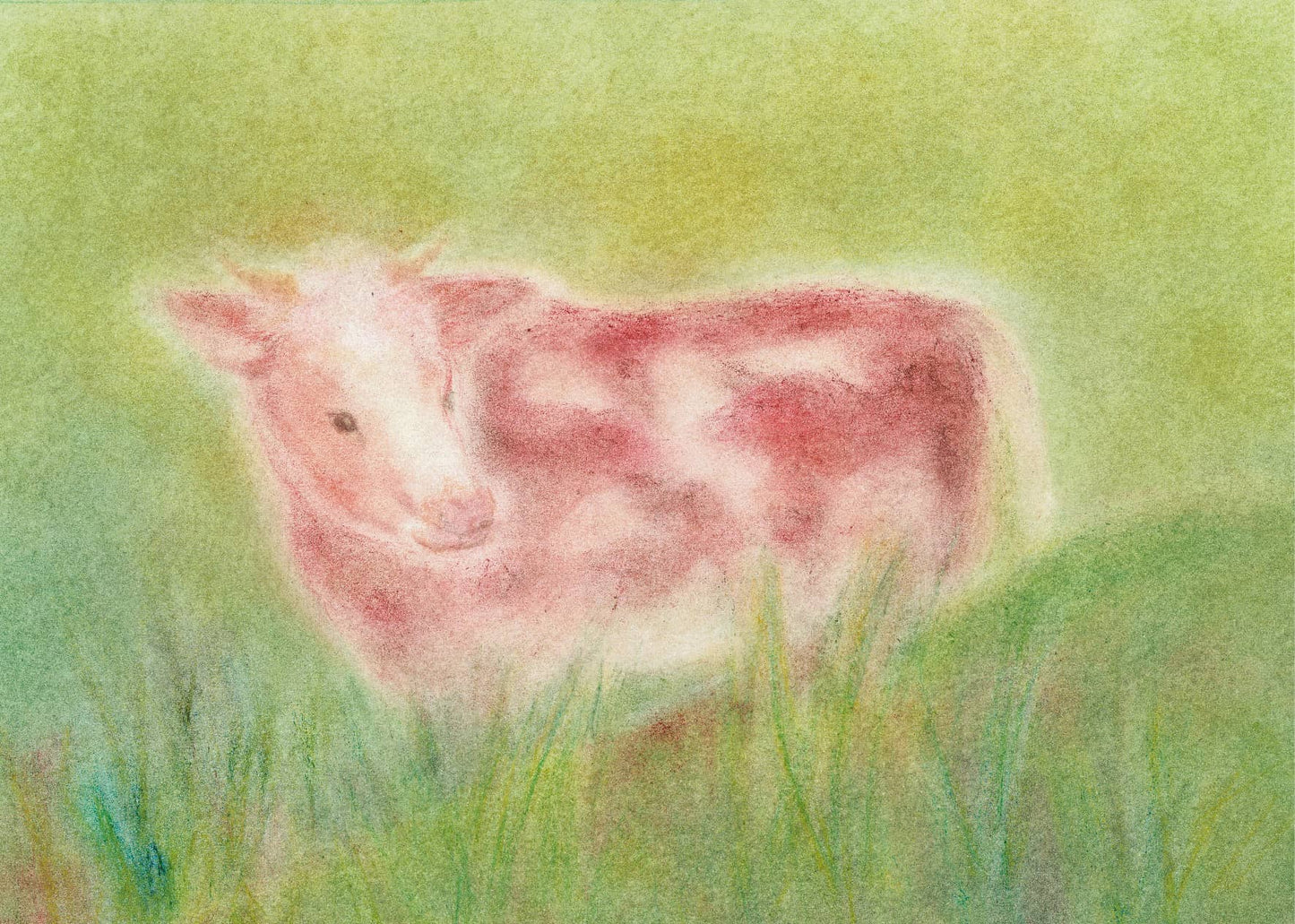 Seccorell postcard with cow on green pasture, designed in soft colors by Andrea Reiß.
