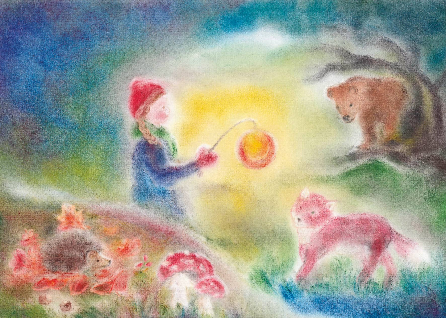 Child with lantern, surrounded by forest animals such as fox, hedgehog and bear, in the soft lantern light, designed in the Seccorell finger-wipe painting technique on the postcard "Lantern child with animals" by Andrea Reiß.
