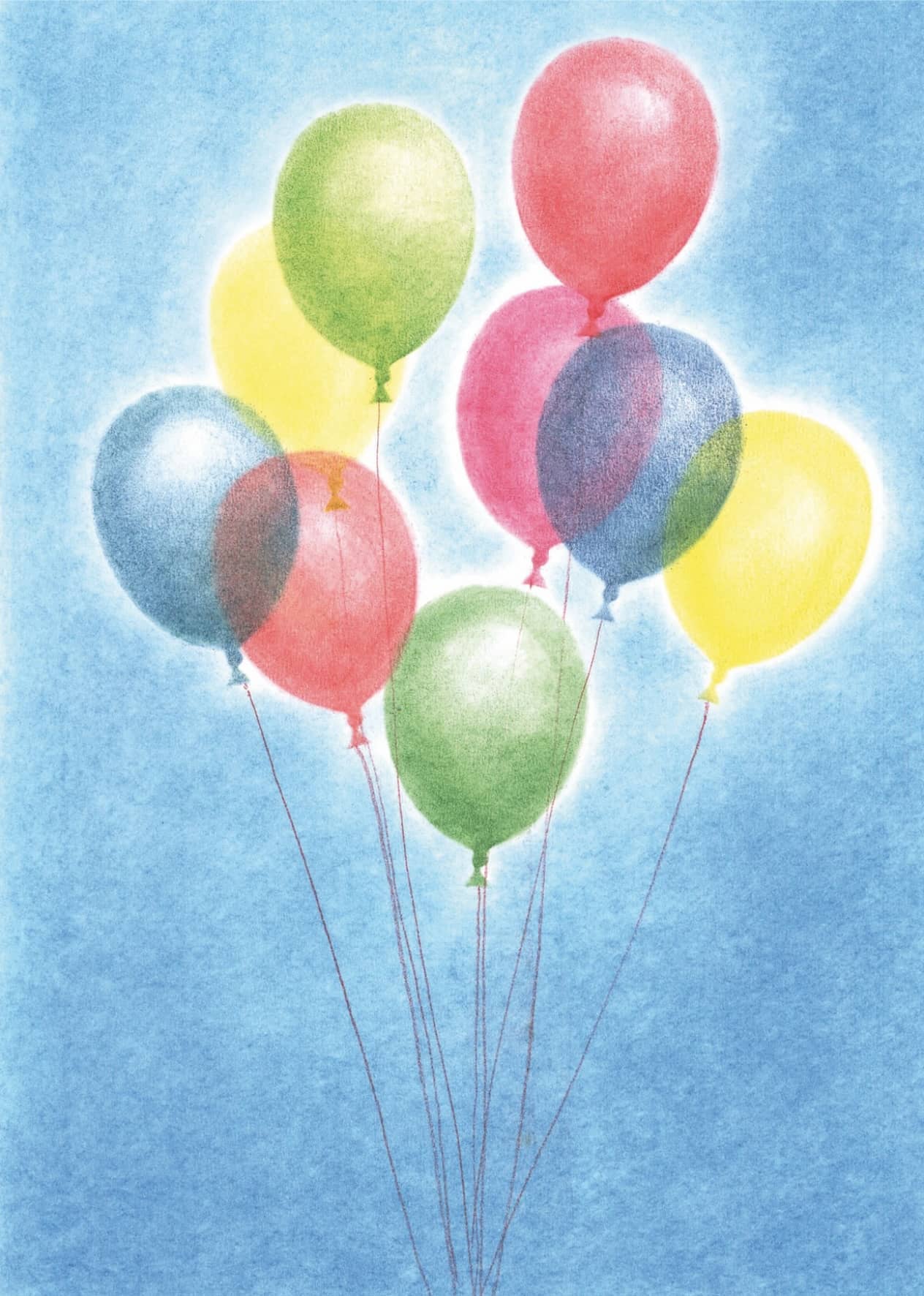 Seccorell Postkarte "Luftballone" mit bunten Ballons vor blauem Himmel.