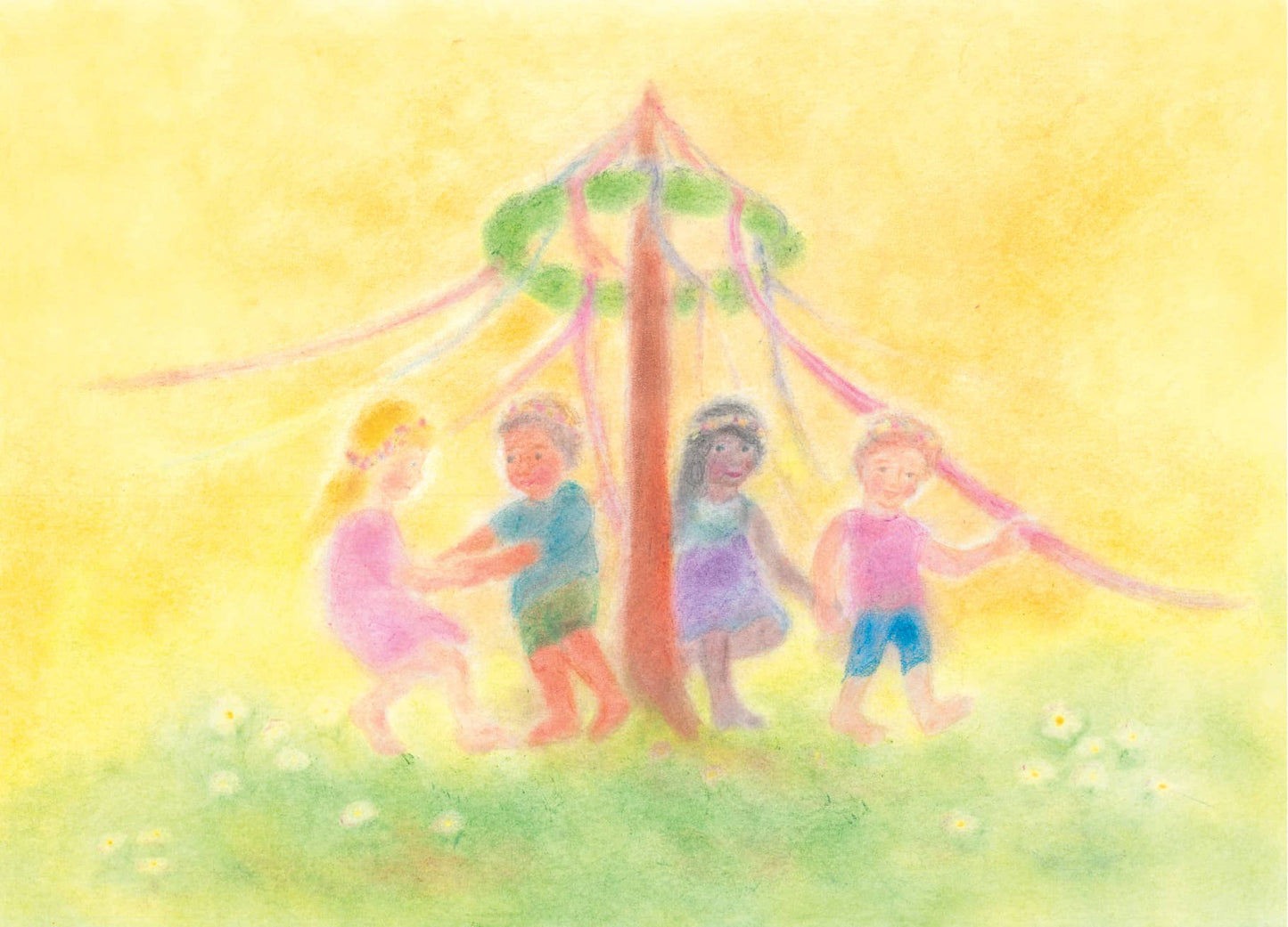 Cheerful children dance around a decorated maypole in a bright spring landscape, designed in the Seccorell finger-wipe painting technique on the postcard "May Dance" by Andrea Reiß.