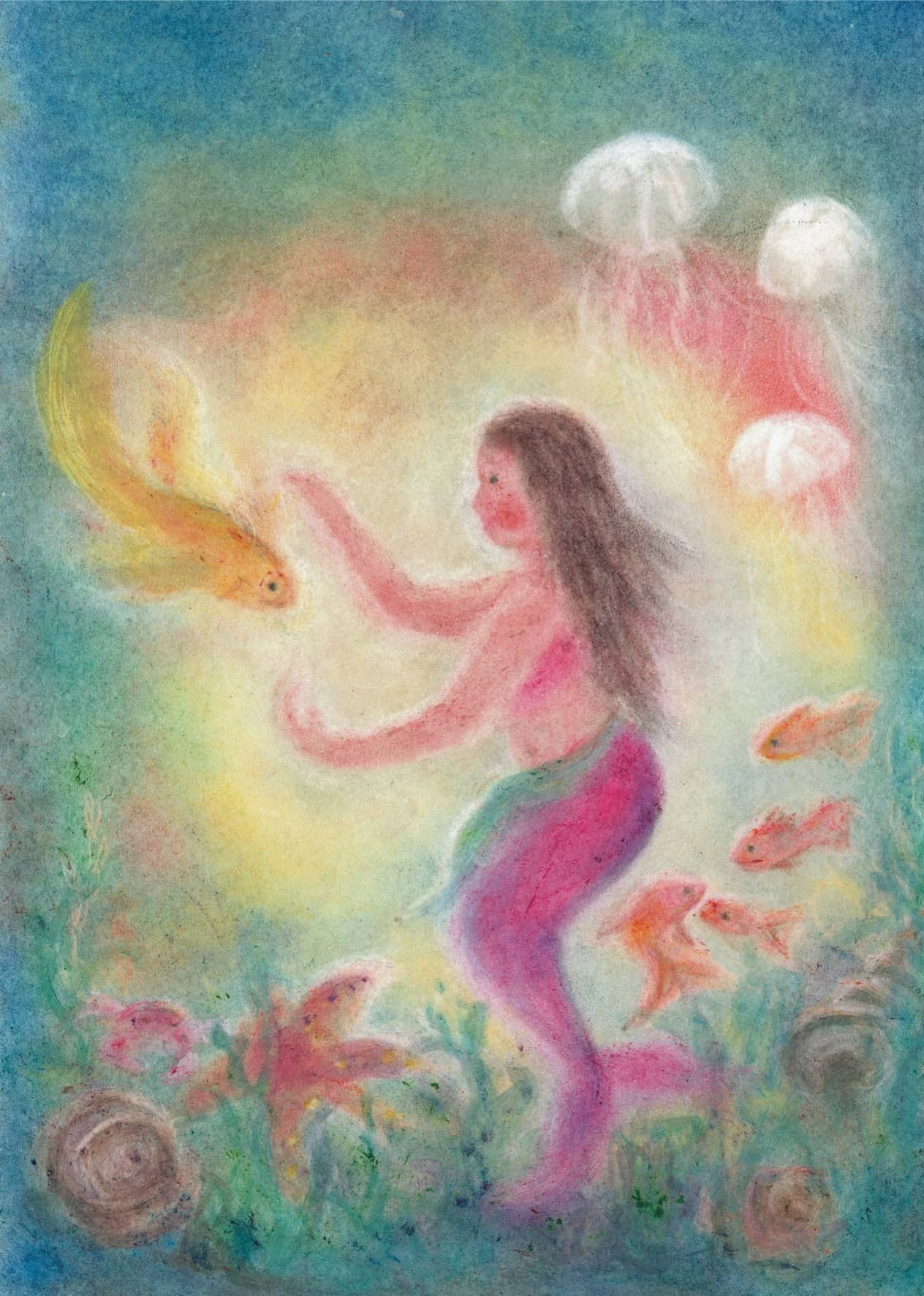 Unterwasserszene mit einem Mädchen und einem Fisch, umgeben von Quallen und Korallen, in der Seccorell Finger-Wischmaltechnik.