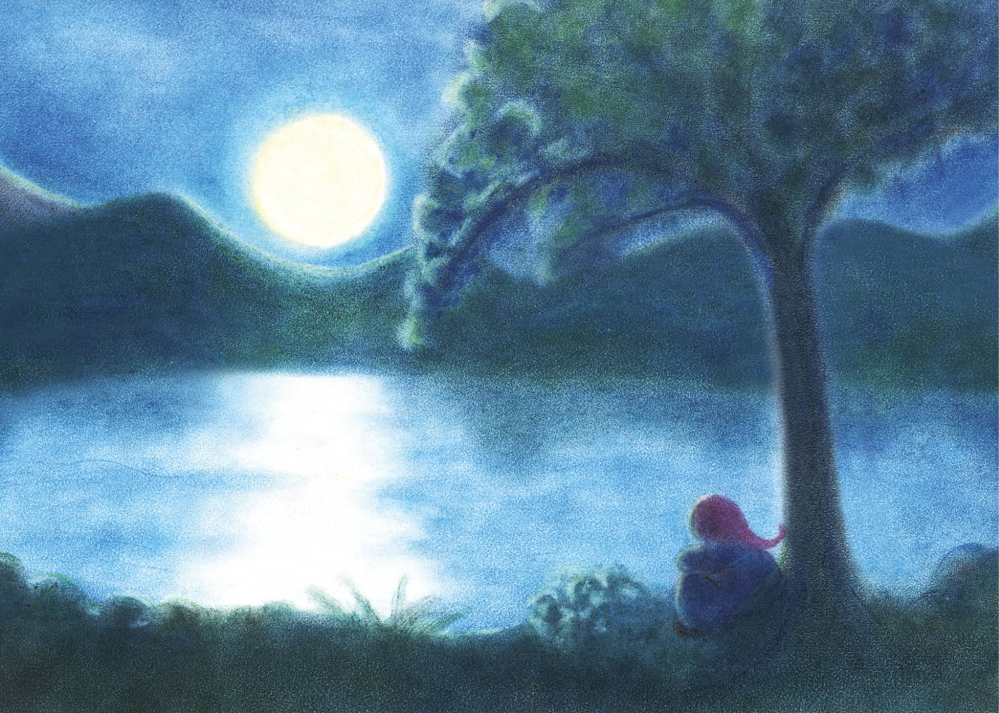 Little dwarf sitting under a tree by a quiet lake in the moonlight, designed in the Seccorell finger-wipe painting technique on the postcard "Moonlit Night" by Miriam Seeberger.