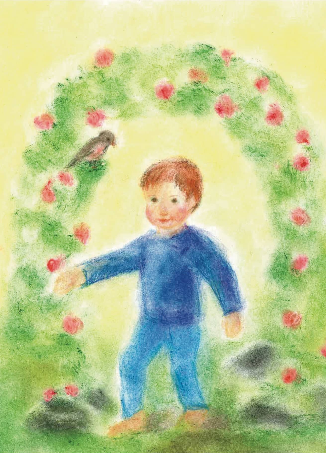 Boy in front of a rose arch, accompanied by a small bird, designed in the Seccorell finger-wipe painting technique on the postcard "Rosenjunge" by Andrea Reiß.