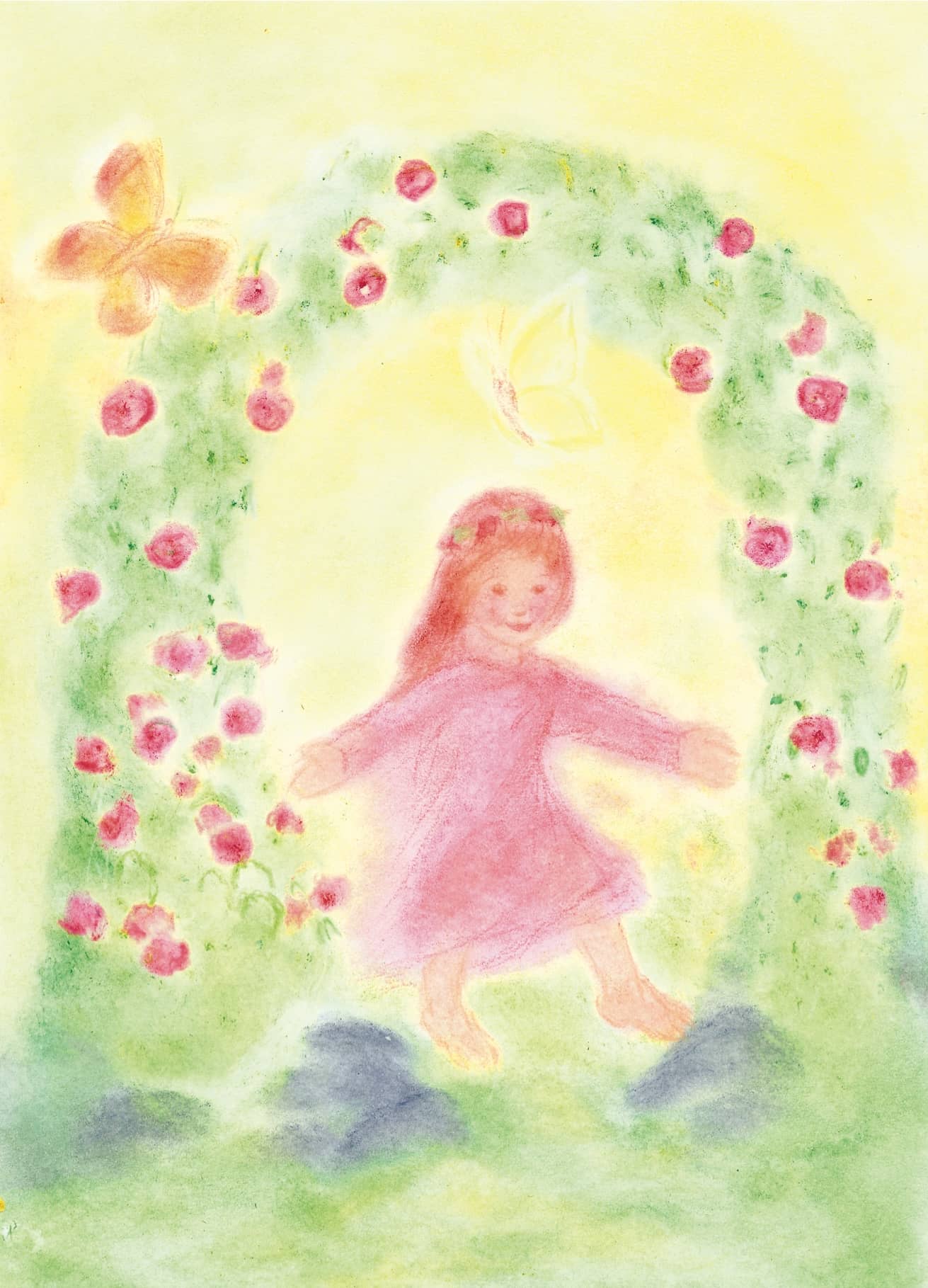 Cheerful girl dancing through a blooming rose arch, accompanied by butterflies, designed in the Seccorell finger-wipe painting technique on the postcard "Rose Girl" by Andrea Reiß.