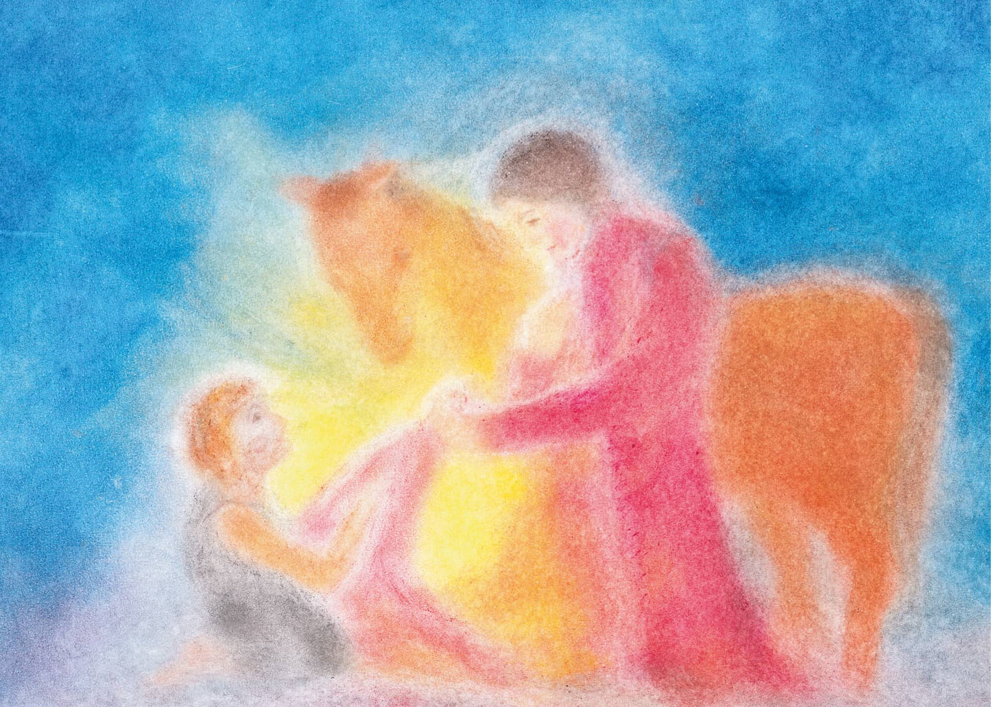St. Martin shares his coat with a beggar, lively motif in warm colors, designed in Seccorell technique.