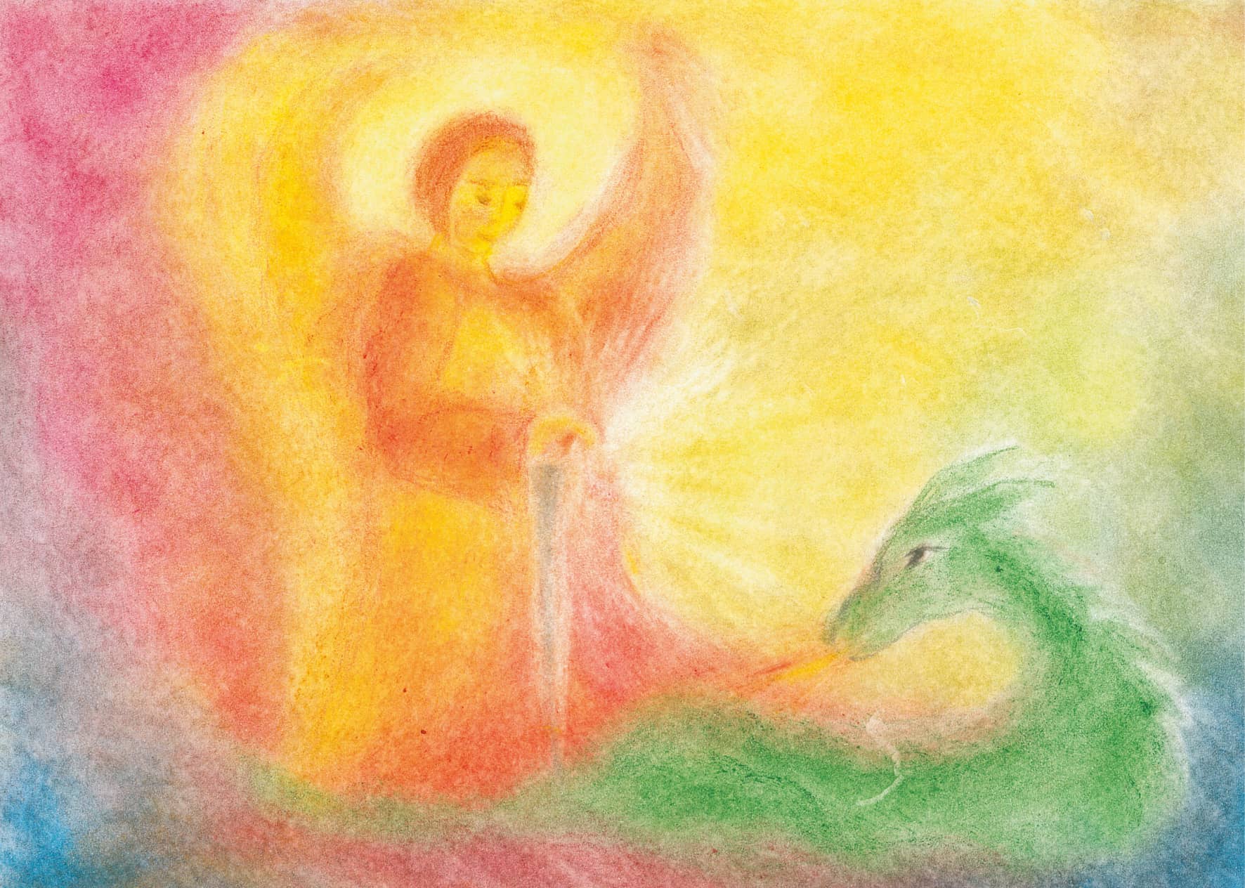 Archangel Michael fighting a dragon, in soft, bright colors with the Seccorell finger-wipe painting technique on the postcard "Saint Michael" by Andrea Reiß.