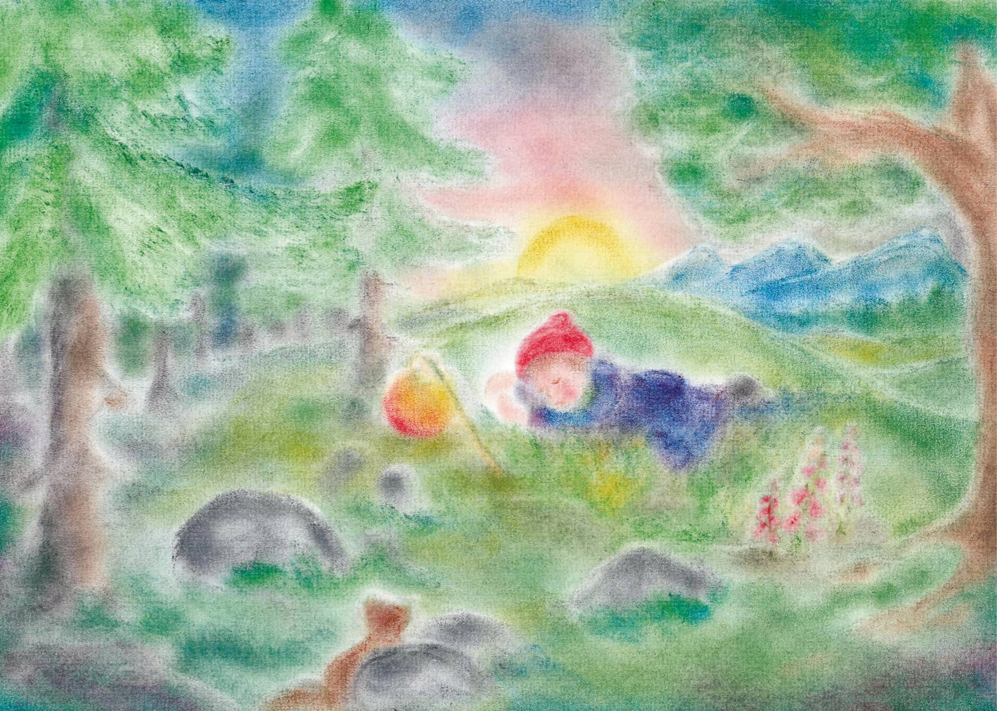 Sleeping child with lantern in a peaceful forest landscape at sunrise, designed in the Seccorell finger-wipe painting technique on the postcard "Sleeping lantern child" by Andrea Reiß.