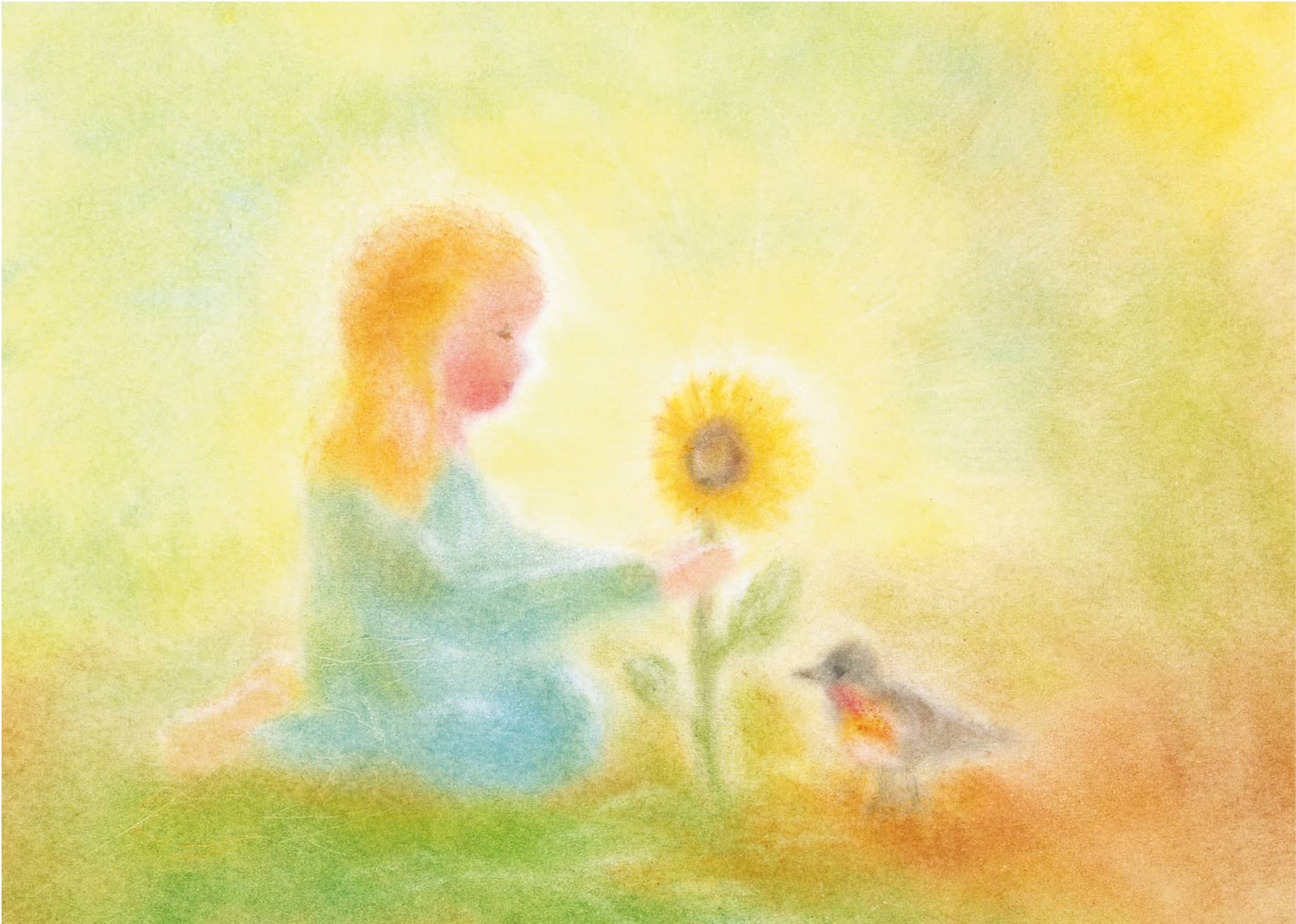 Kind neben einer Sonnenblume, begleitet von einem kleinen Vogel, in sanften, sommerlichen Farben gestaltet in der Seccorell Finger-Wischmaltechnik auf der Postkarte „Sonnenblume“ von Andrea Reiß.