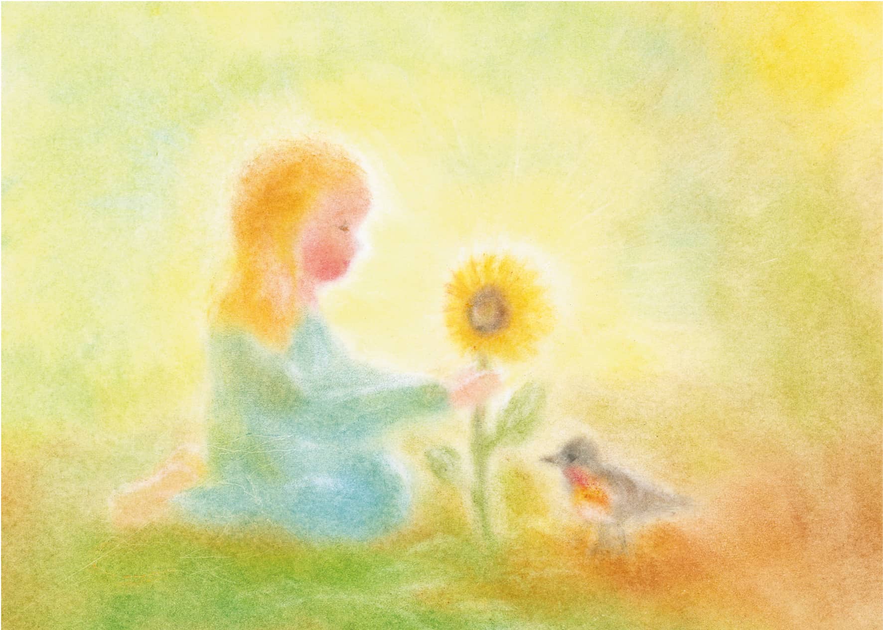 Kind neben einer Sonnenblume, begleitet von einem kleinen Vogel, in sanften, sommerlichen Farben gestaltet in der Seccorell Finger-Wischmaltechnik auf der Postkarte „Sonnenblume“ von Andrea Reiß.