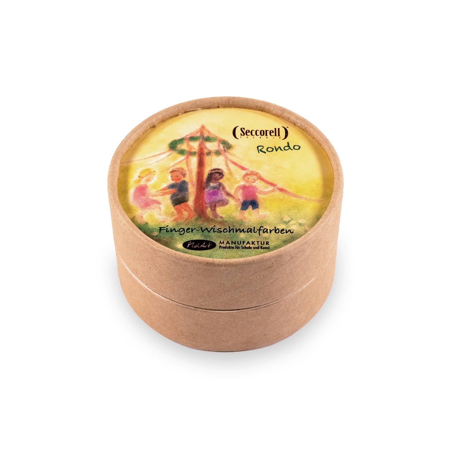 Seccorell Rondo Dose – runde Kartondose mit Bildmotiv von Andrea Reiß, bezogen mit „Cocoa-Shell“-Papier aus Kakaobohnenschalen, ideal für kreatives Malen