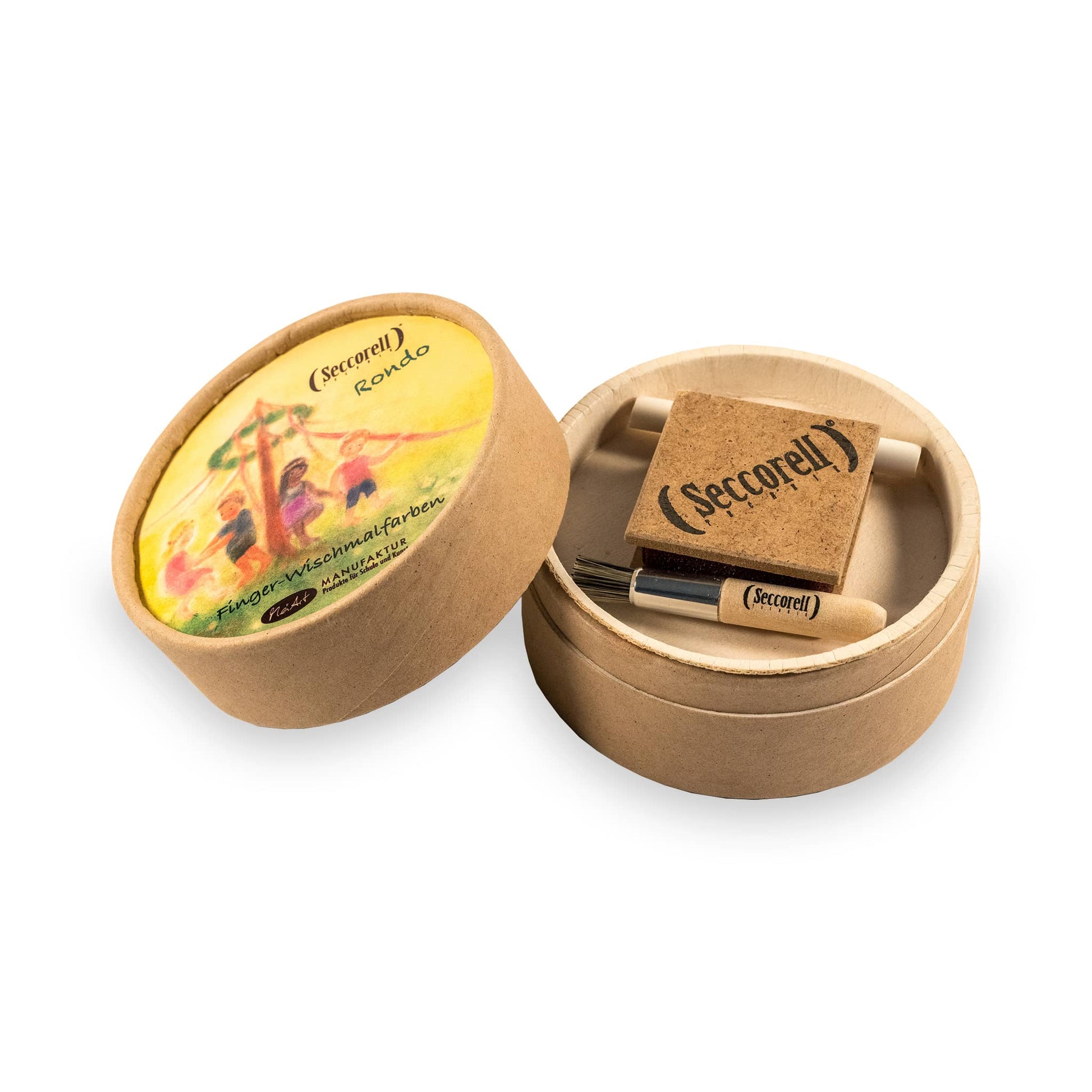 Seccorell Rondo box opened - shows removable plunger with grater block, cleaning brush and eraser pencil, for versatile use