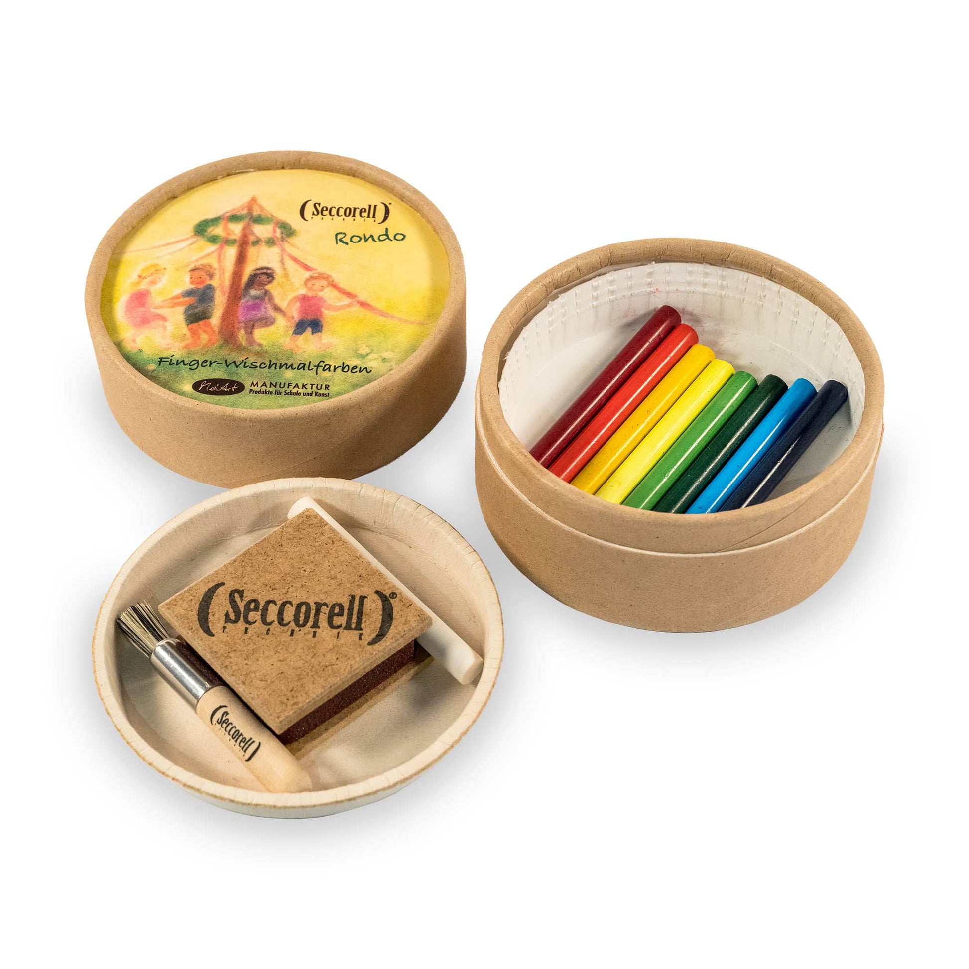 Contents of the Seccorell Rondo tin - contains 8 color sticks, rubbing block, cleaning brush and cotton pads, expandable to 24 color sticks after removing the bottom insert