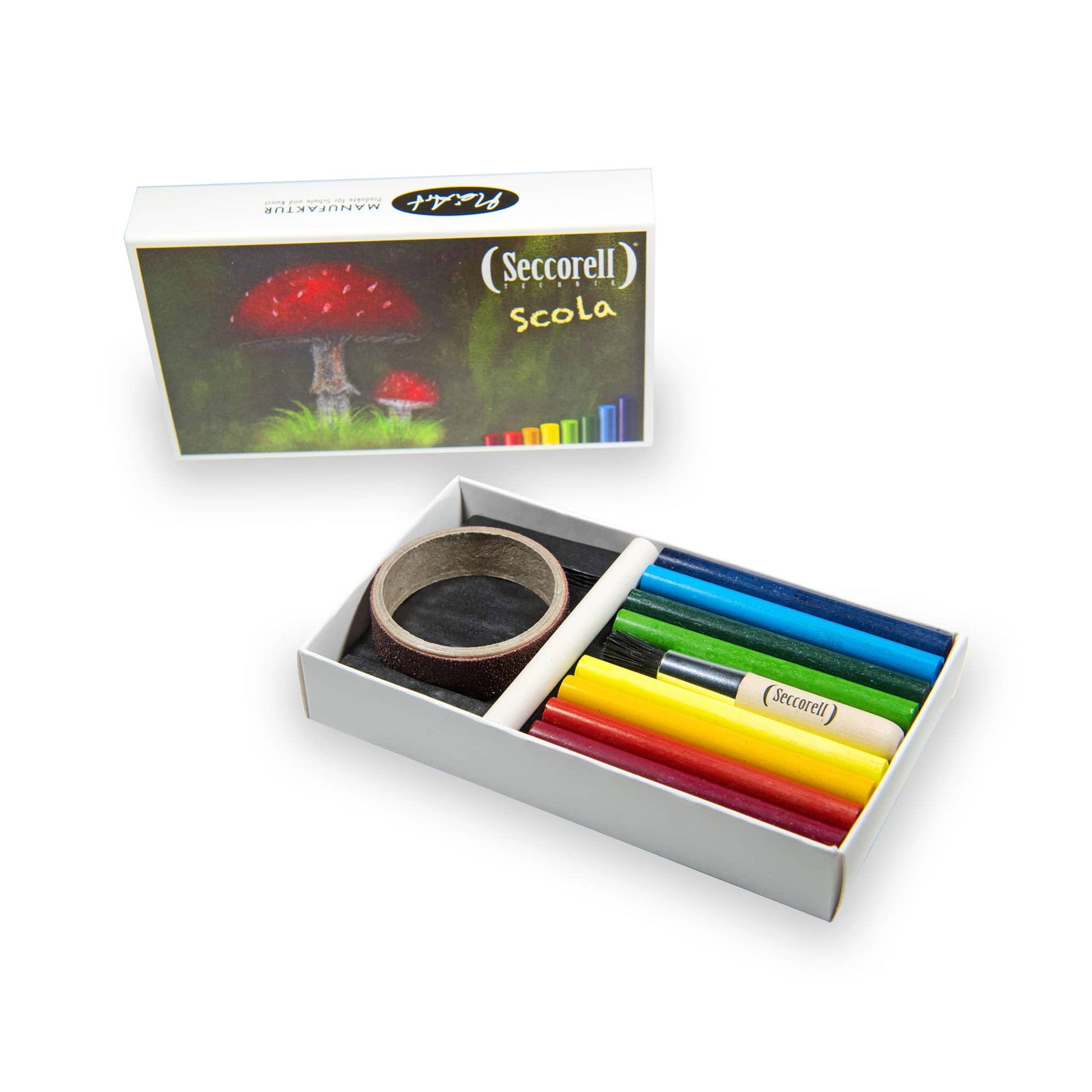 Seccorell Scola open - shows paint sticks in basic colors, rubbing ring and cleaning brush, perfect for art and painting