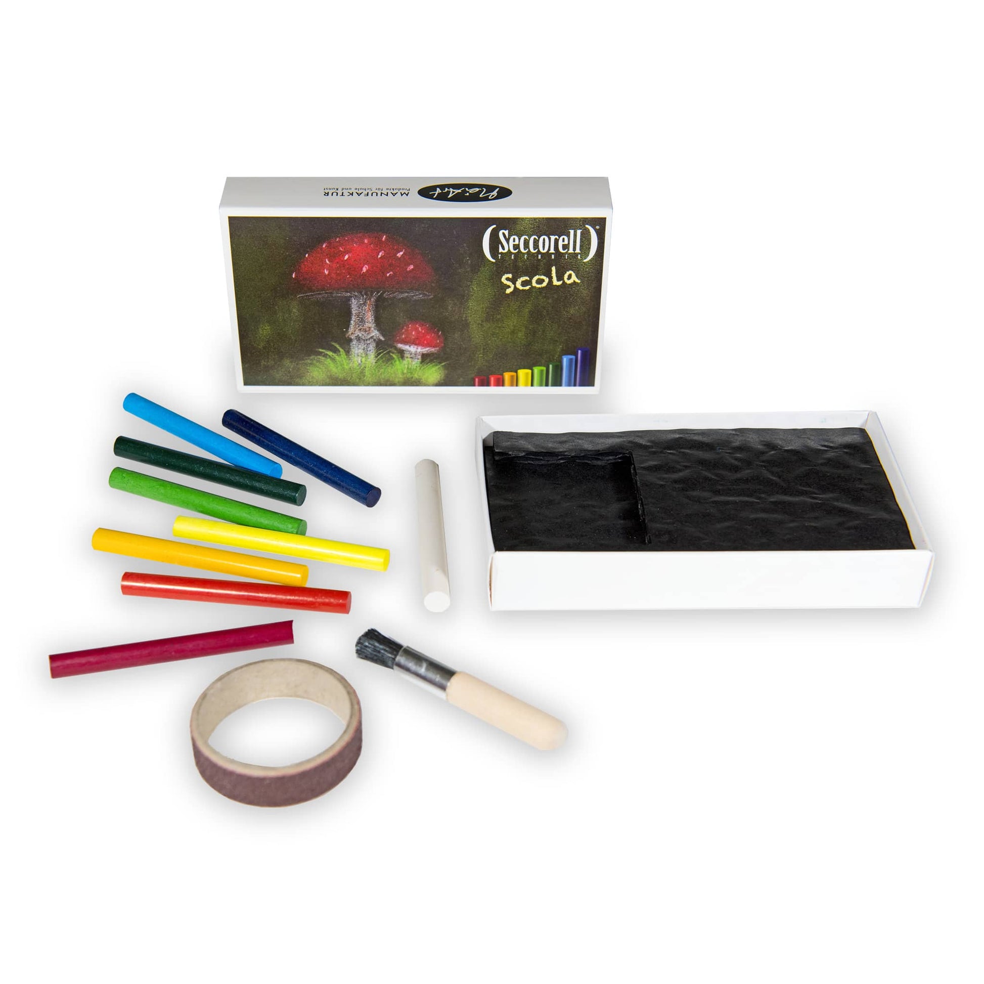 Contents of the Seccorell Scola loosely arranged - contains 8 color sticks, rubbing ring and cleaning brush