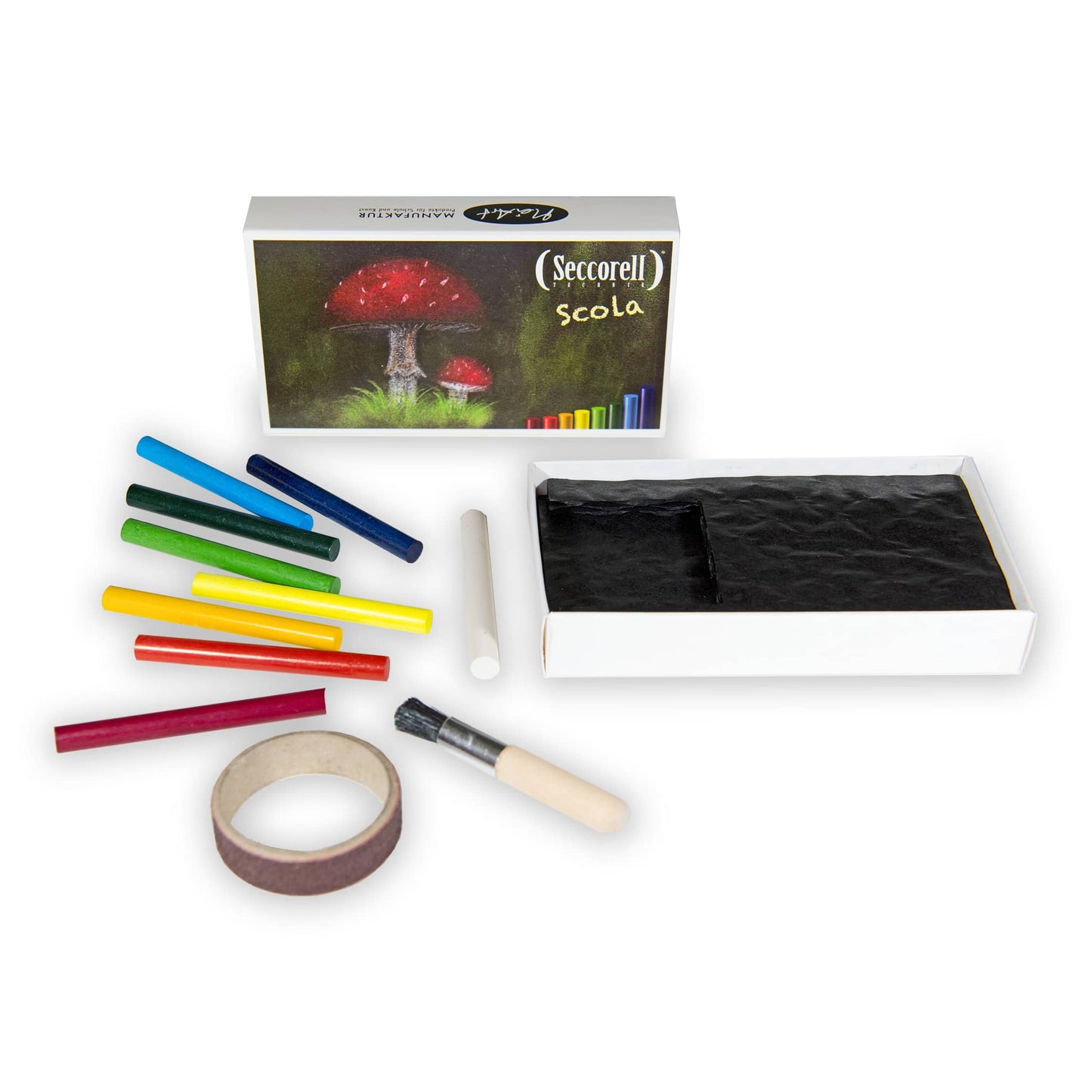 Seccorell Scola bulk quantity, single box opened - contains 8 paint sticks in basic colors, rubbing ring and cleaning brush, perfect for creative group projects